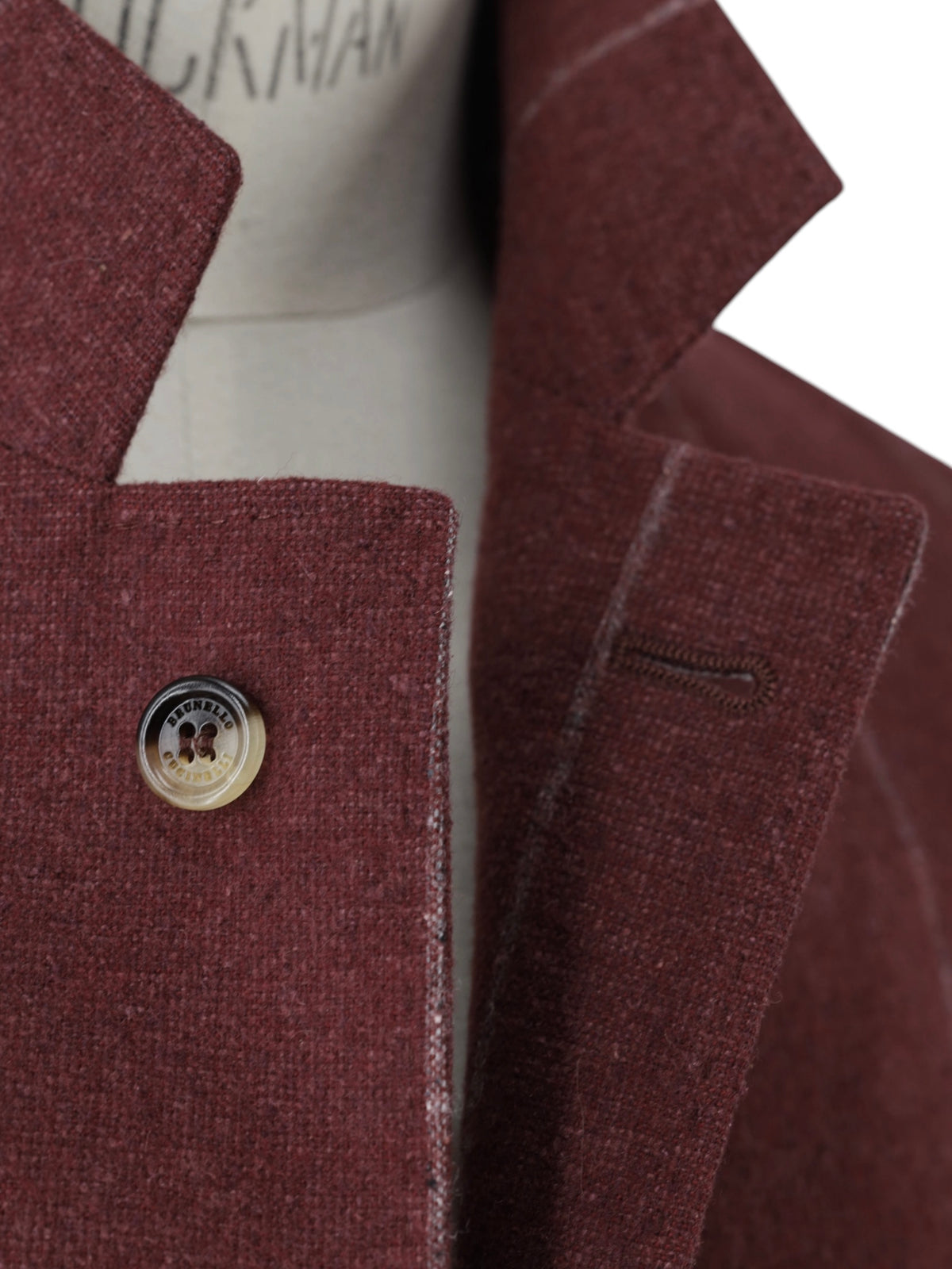 Brunello Cucinelli Dark Red Silk, Wool & Cashmere Double Breasted Chalkstripe Jacket