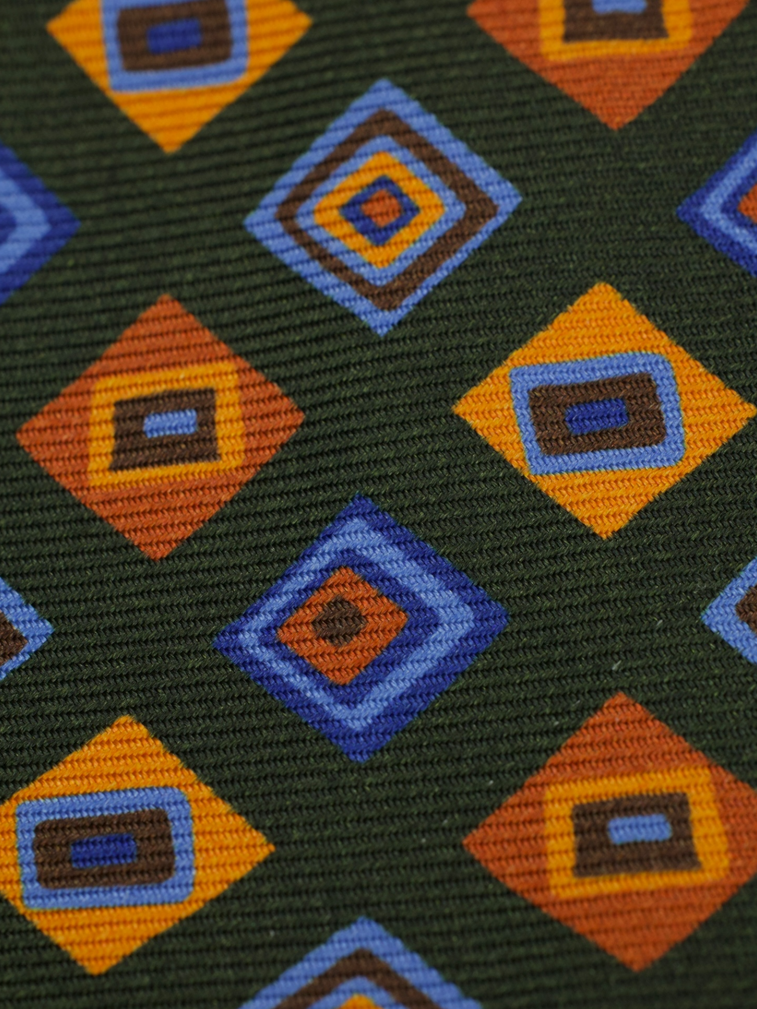 Kiton 5-Fold Forest Green & Orange Silk Vintage Geometric Pattern Tie