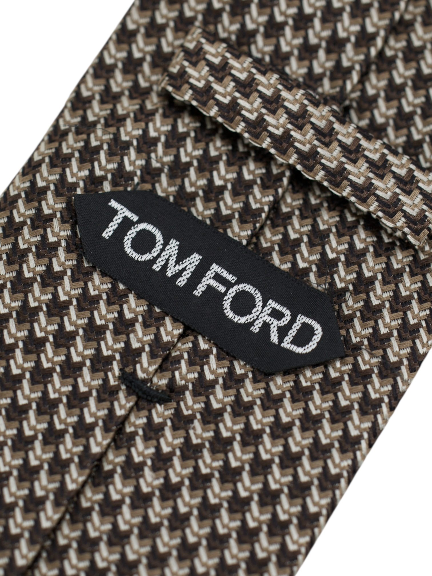 Tom Ford Brown & Ecru Silk Geometric Pattern Tie