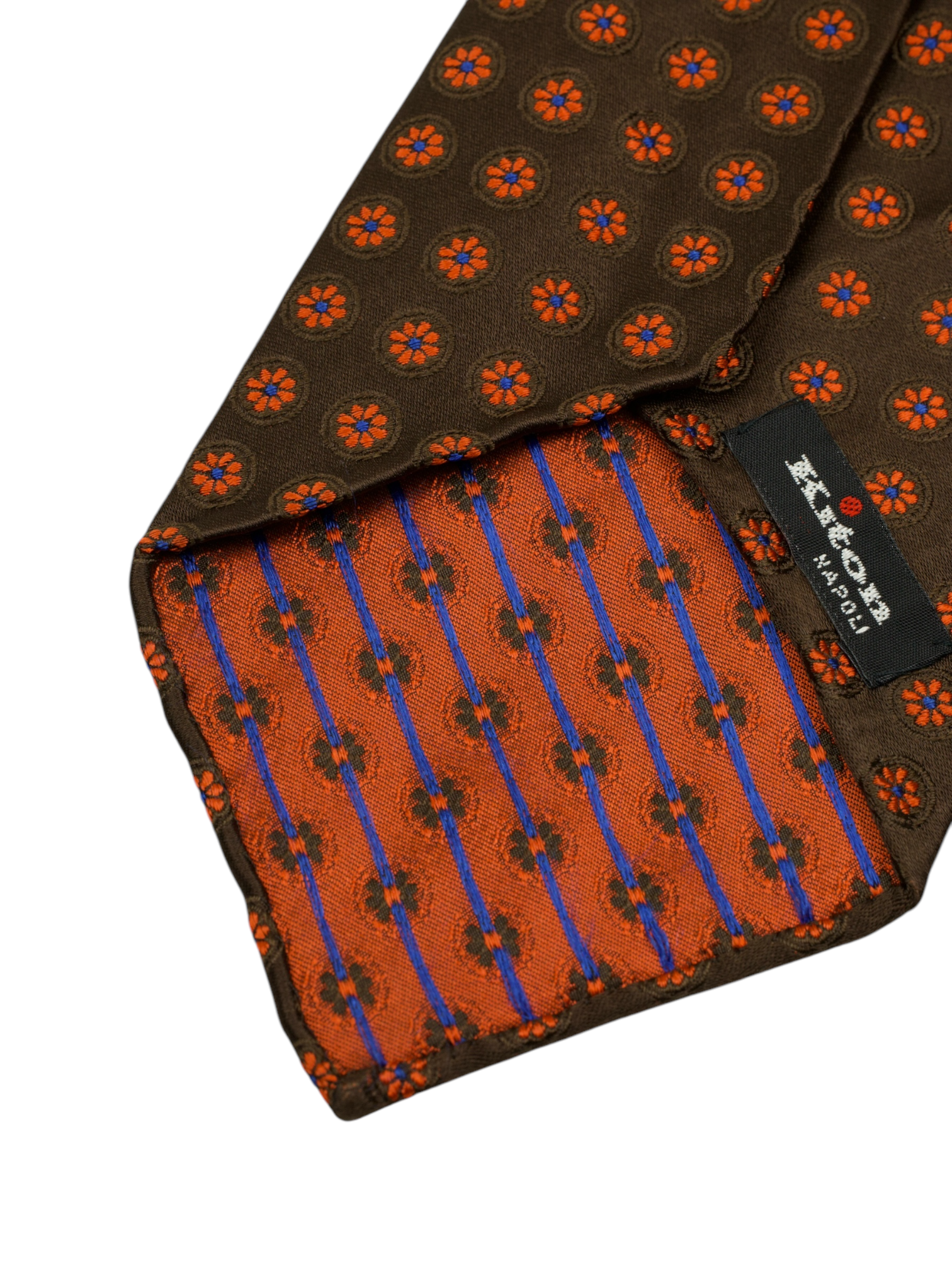 Kiton 5-Fold Dark Brown & Burnt Orange Handrolled Silk Floral Pattern Tie