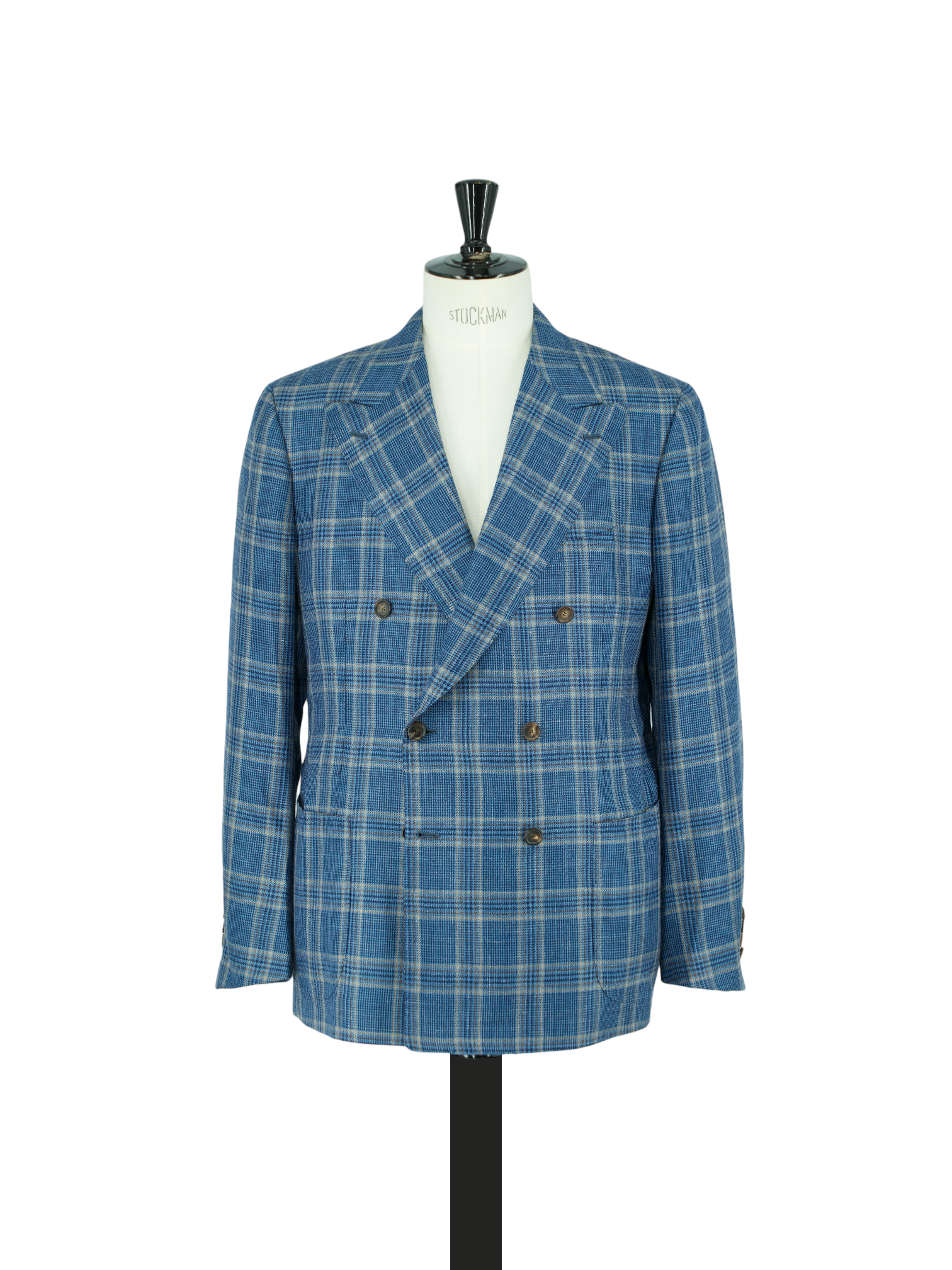 Cesare Attolini Turquoise Double-Breasted Cashmere, Silk & Linen Checkered Jacket