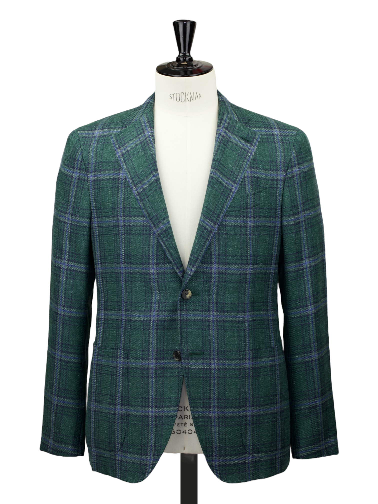 Caruso Bottle Green & Blue Wool, Silk & Linen Windowpane Boheme Jacket