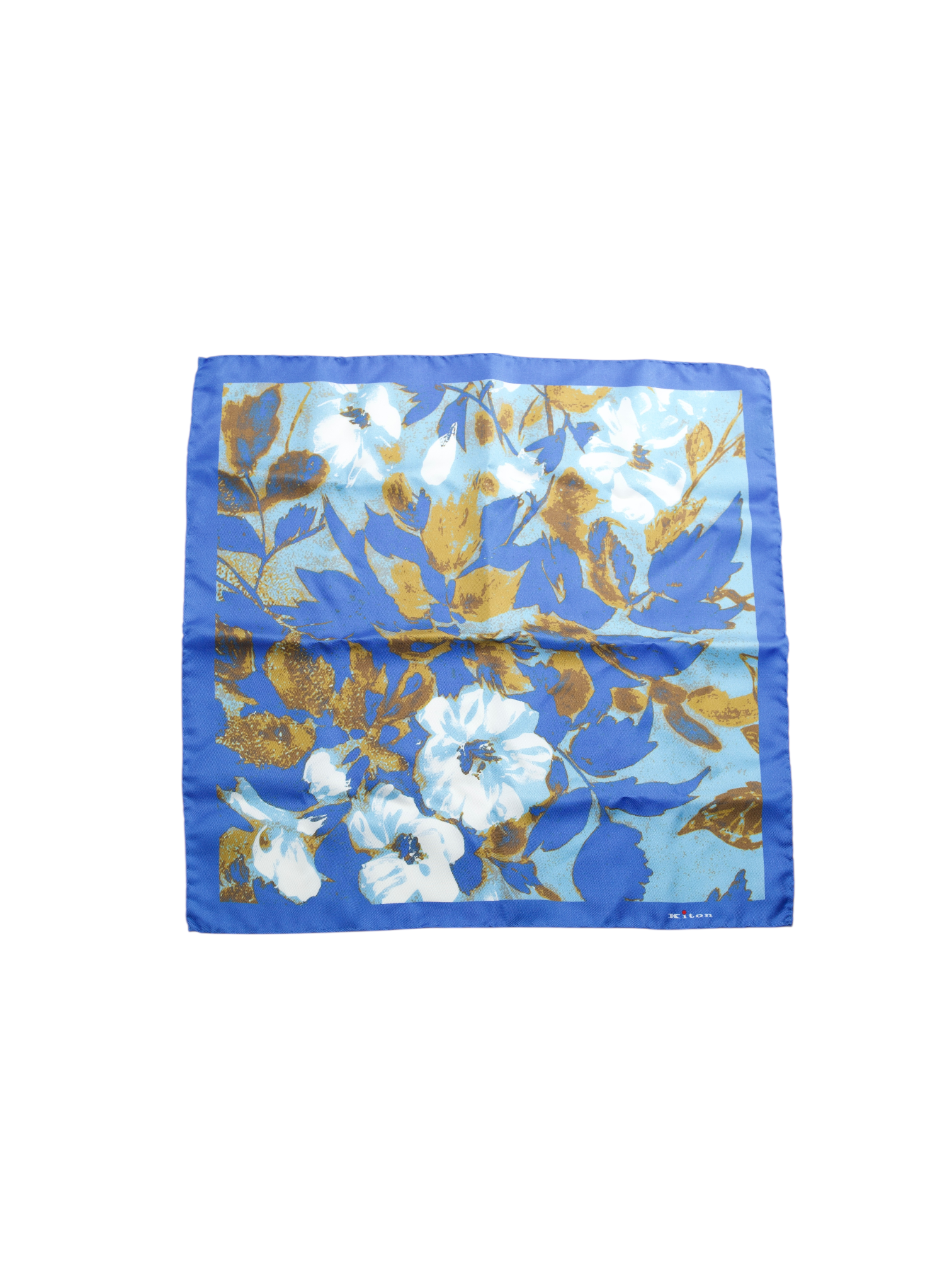 Kiton Blue Silk Leave-Pattern Handrolled Pocketsquare