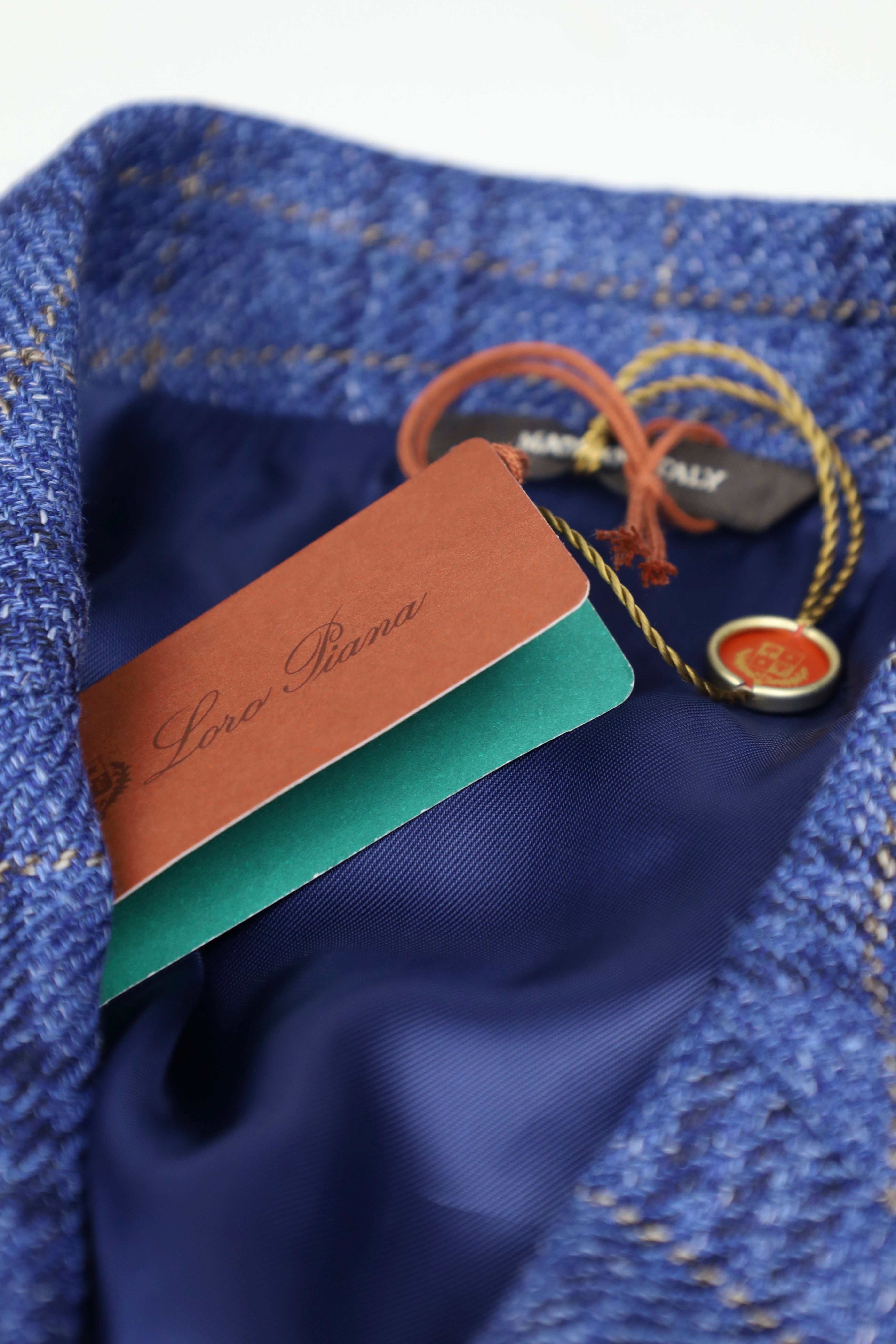 Loro Piana Denim Blue Wool, Silk & Linen Windowpane Jacket