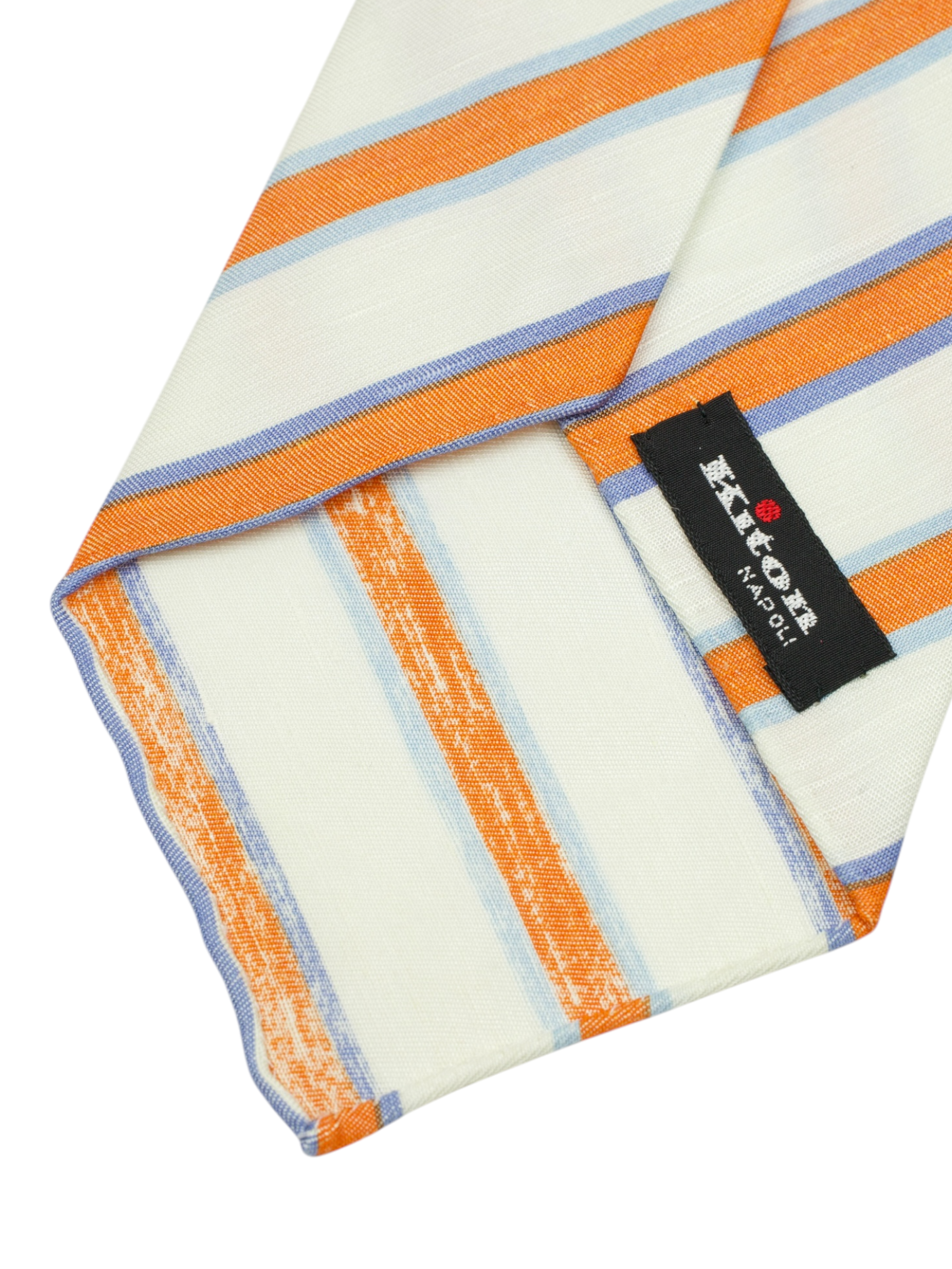 Kiton 5-Fold White & Orange Shantung Silk & Linen Striped Tie