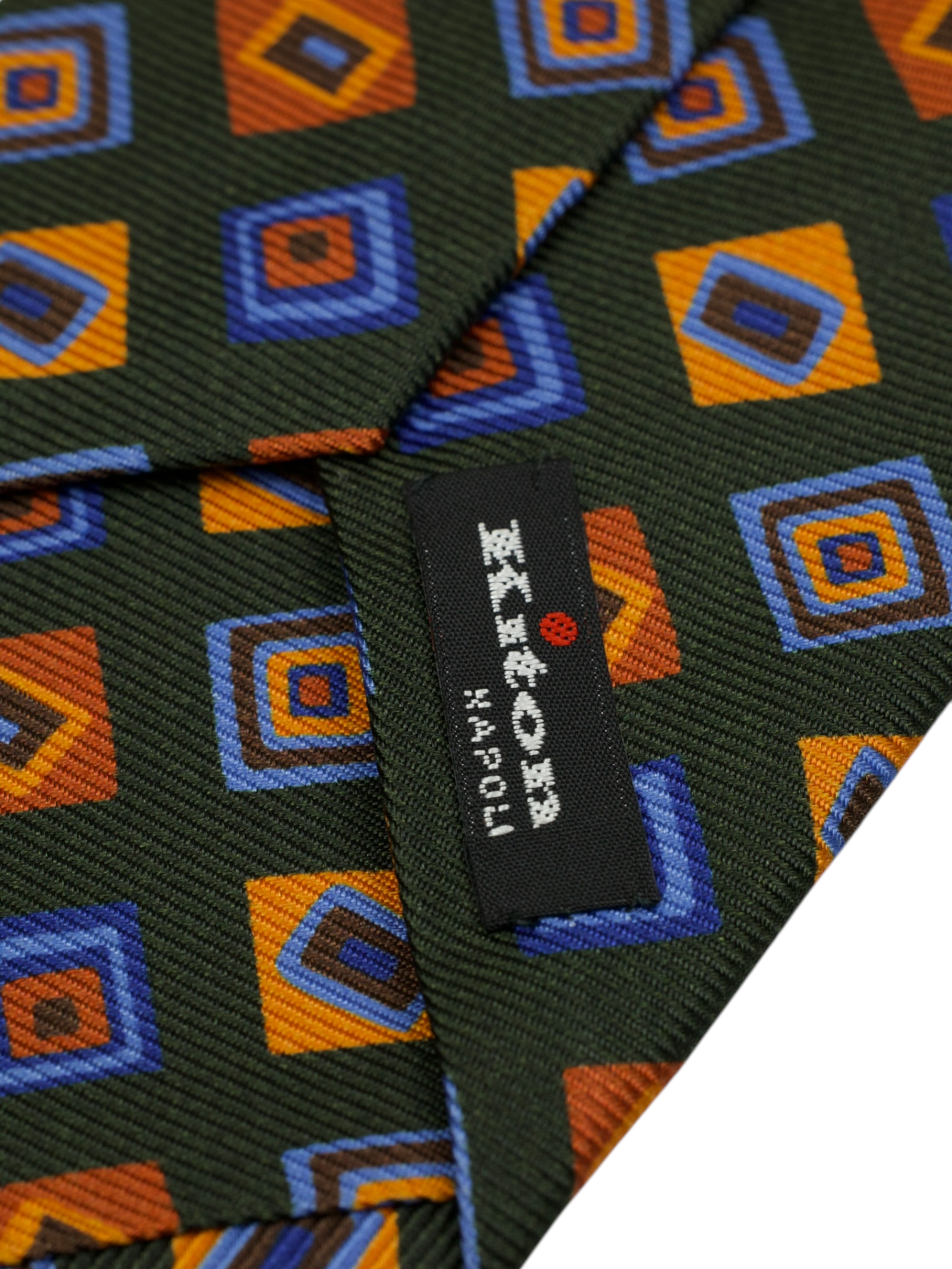 Kiton 5-Fold Forest Green & Orange Silk Vintage Geometric Pattern Tie