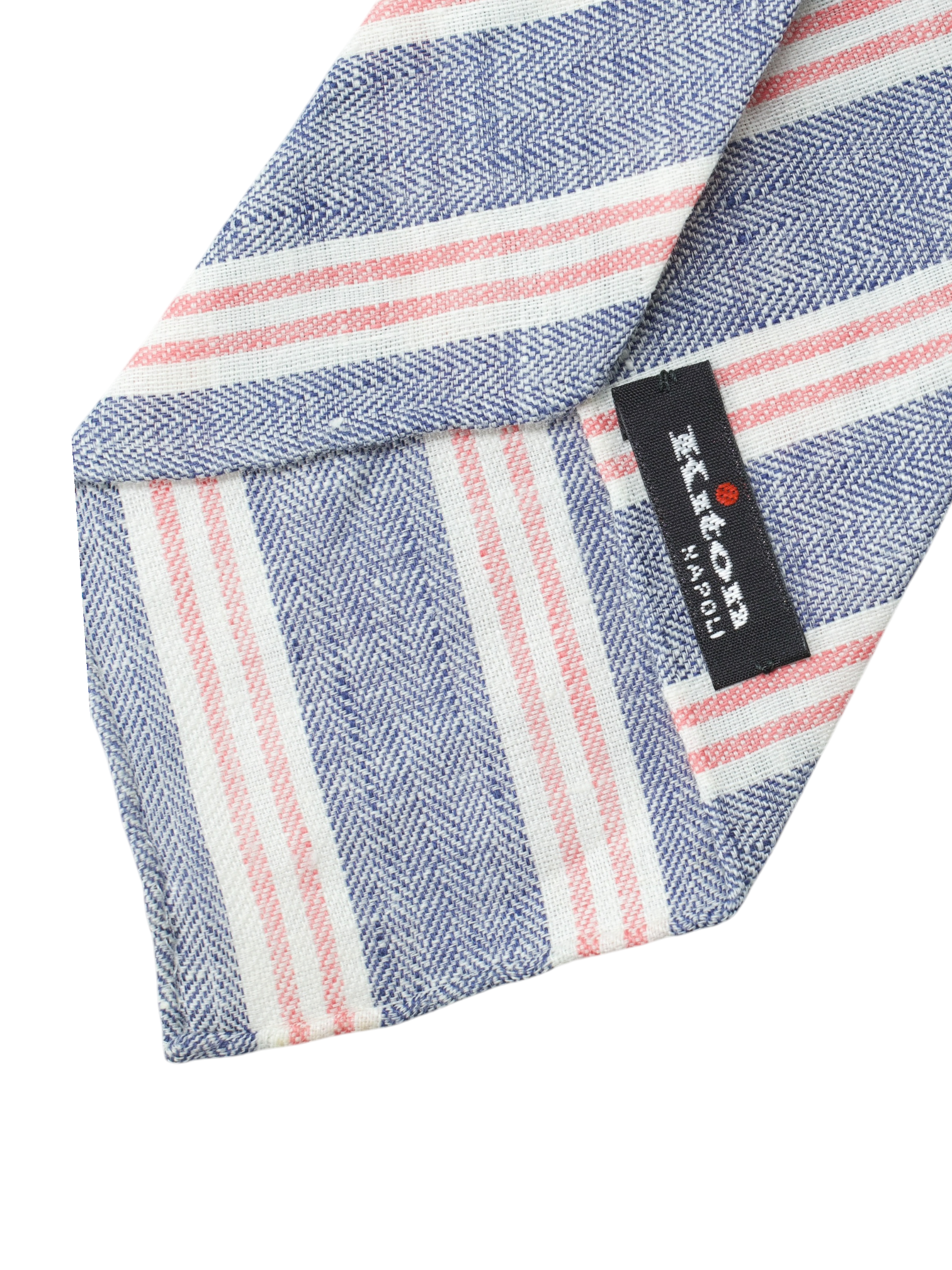 Kiton 5-Fold Blue & Coral Red Linen Striped Untipped & Handrolled Tie