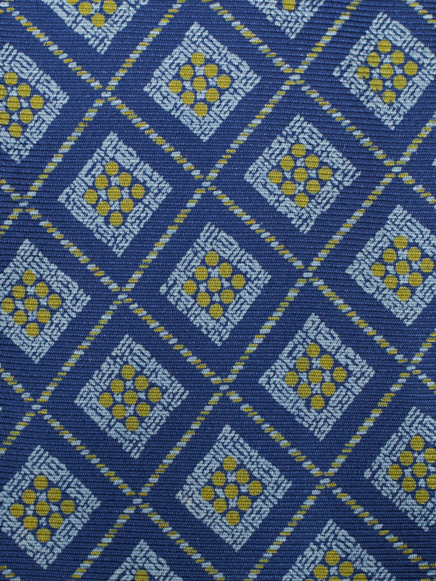 Kiton 5-Fold Denim Blue & Yellow Silk Square-Medaillon Pattern Tie