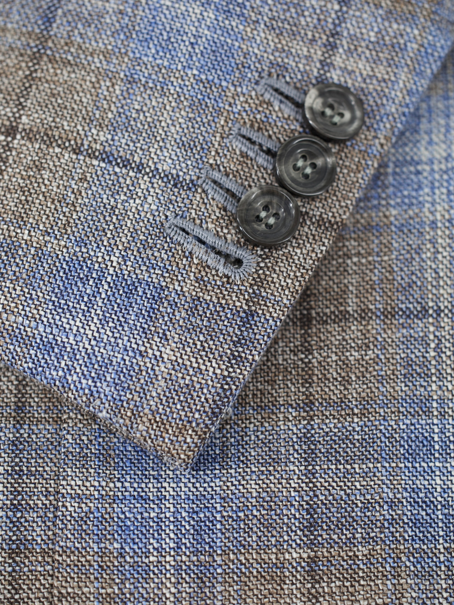 Kiton Taupe & Light Blue Fleece Wool, Silk & Linen Windowpane Jacket