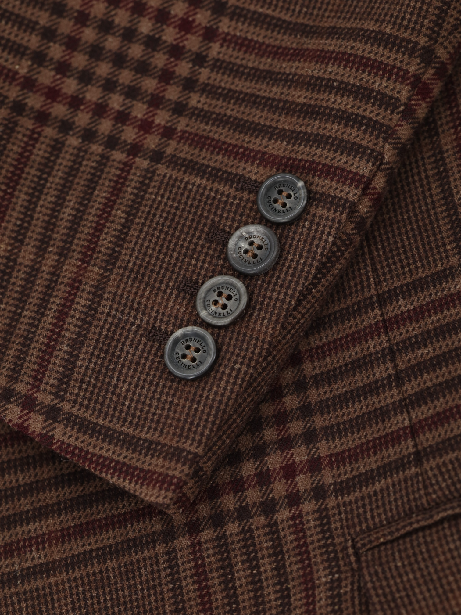 Brunello Cucinelli Castagne Brown & Burgundy Wool, Linen, Cashmere & Silk Checkered Jacket