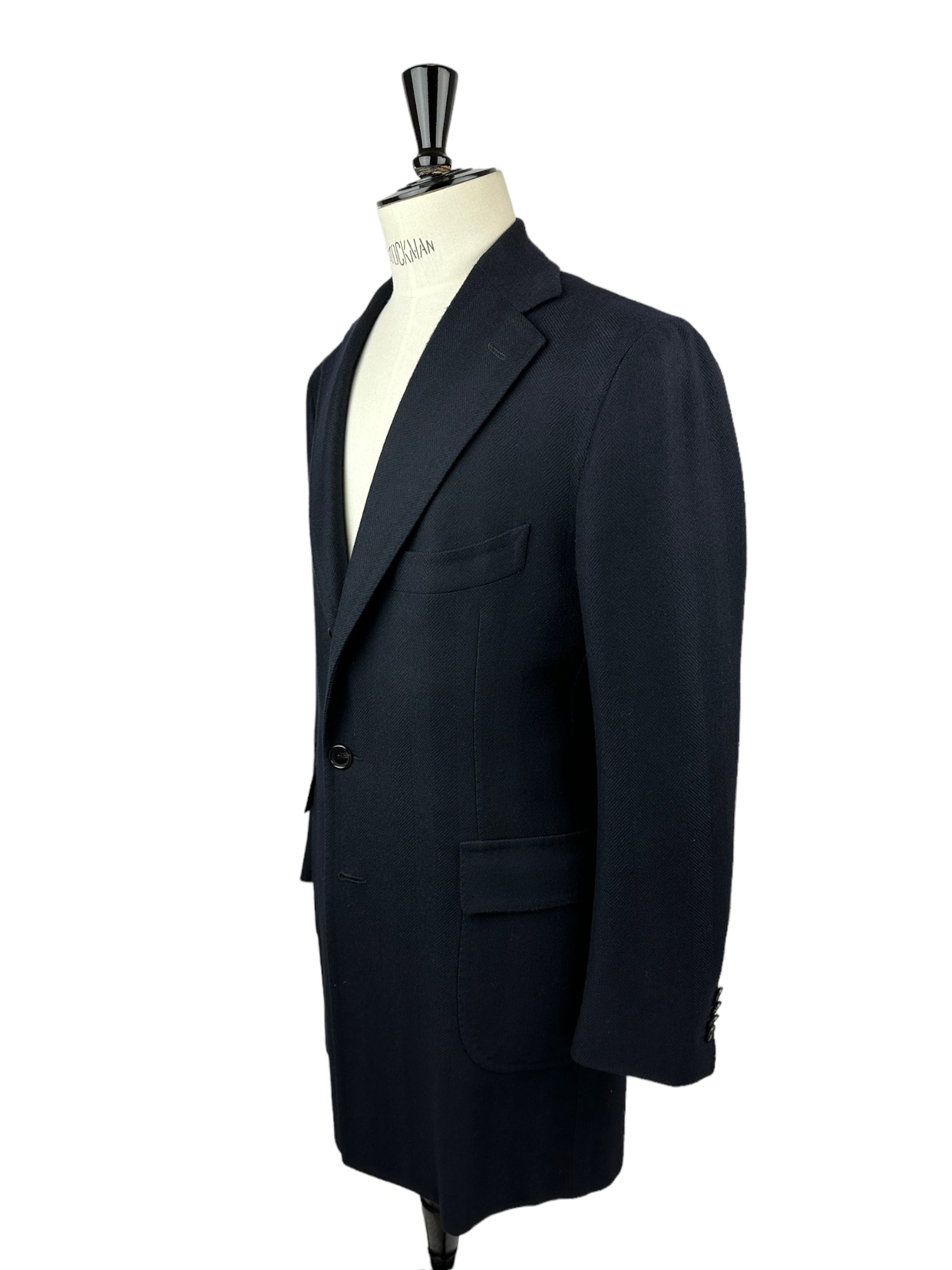Cesare Attolini Navy Herringbone Wool Overcoat