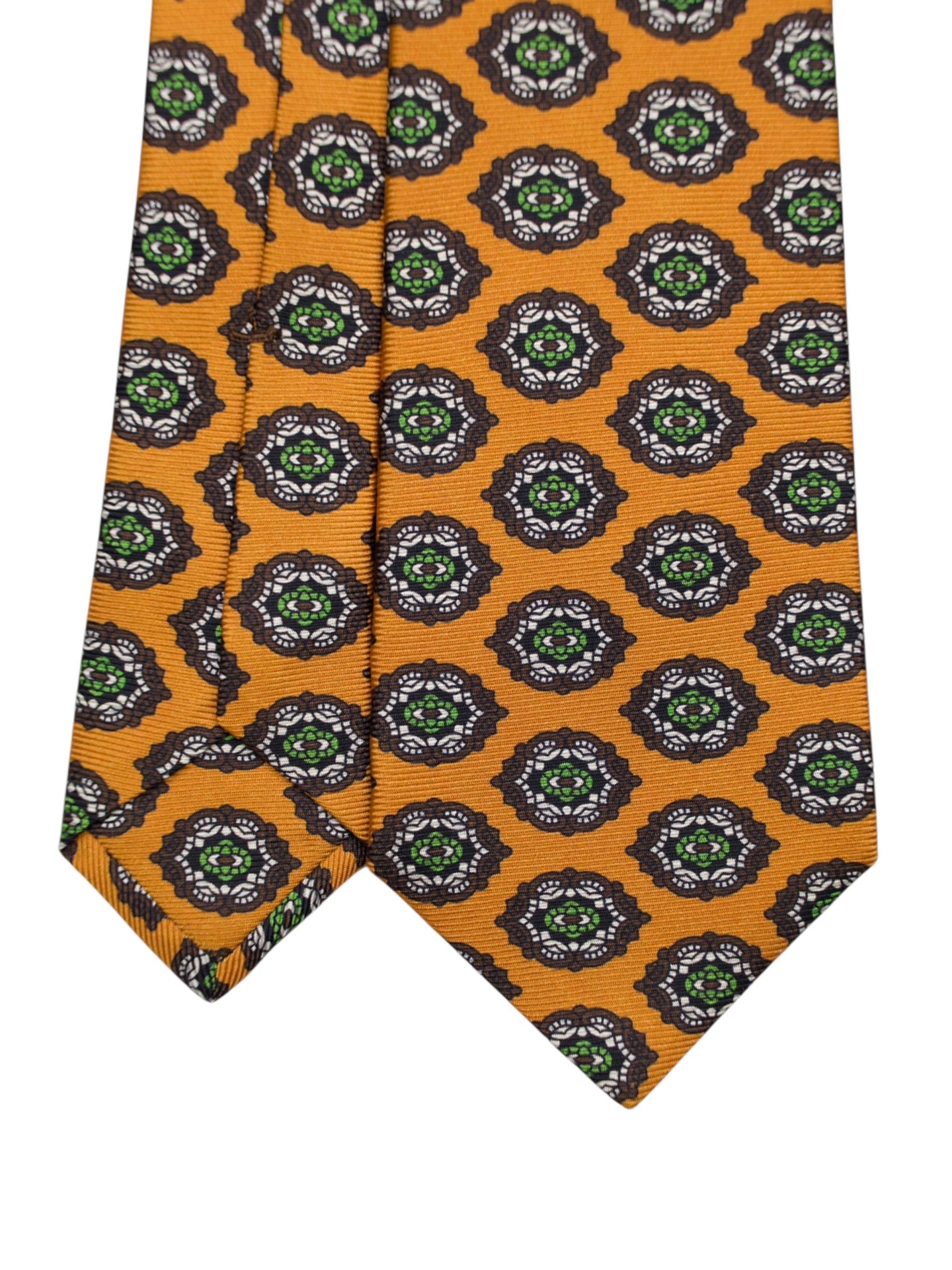 Kiton 5-Fold Orange & Green Silk Medallion Pattern Tie
