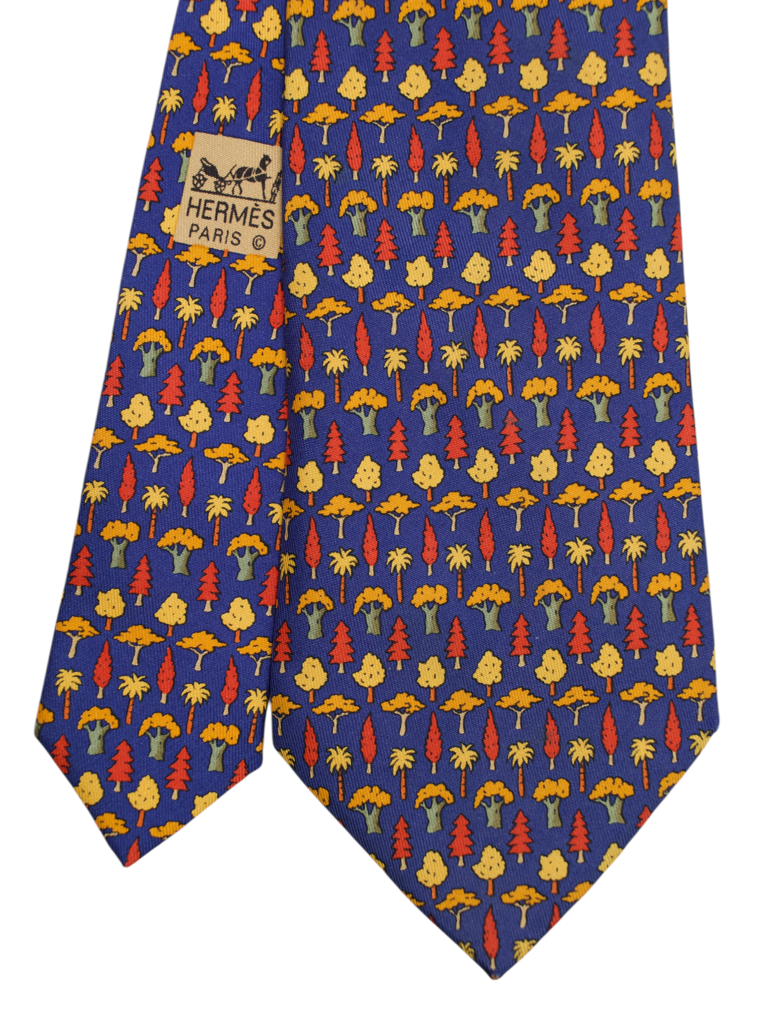 Hermès Dark Blue Multicolor Silk Tree-Pattern Tie