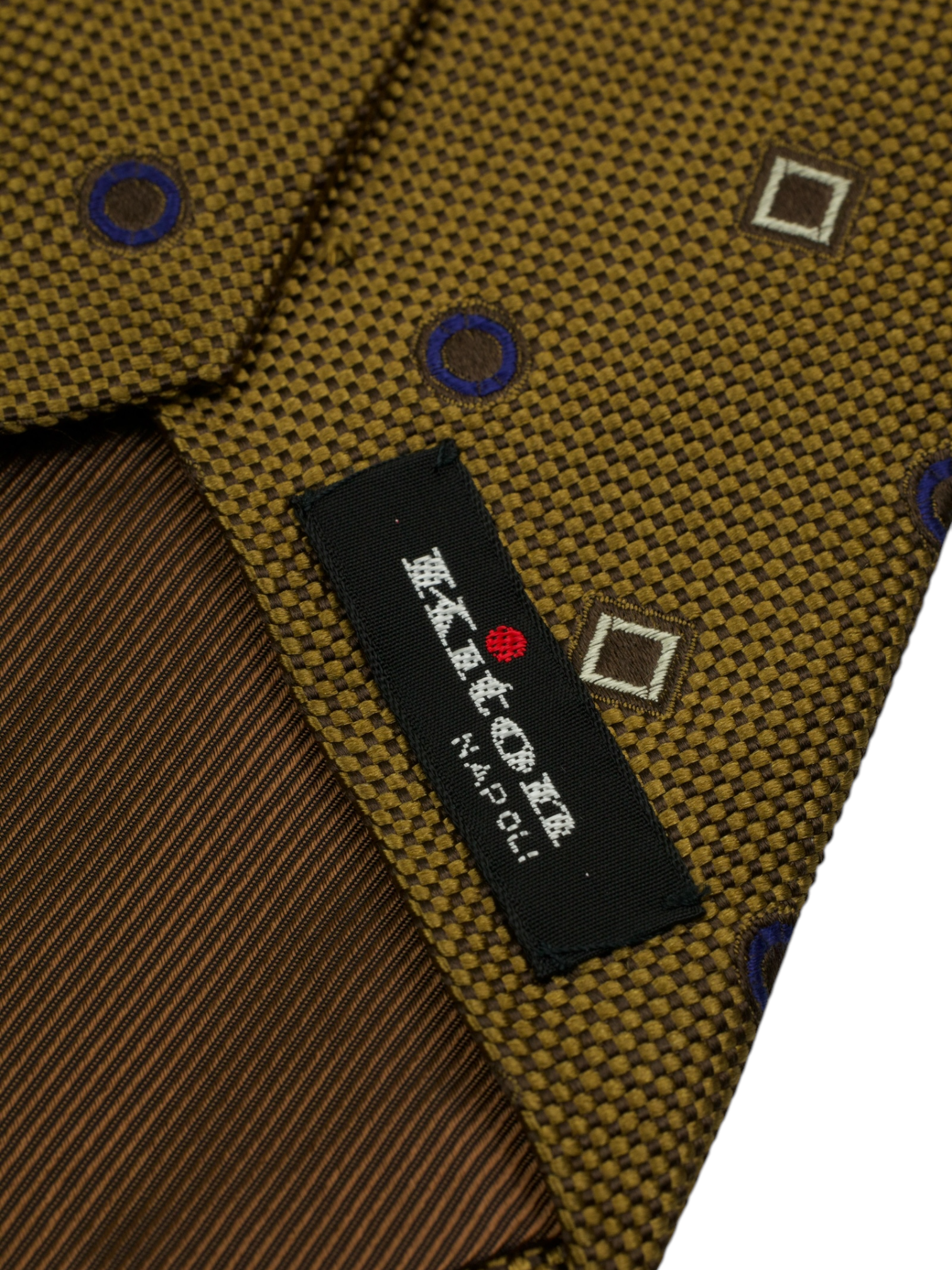 Kiton 5-Fold Brown & Navy Silk Geometric Pattern Tie
