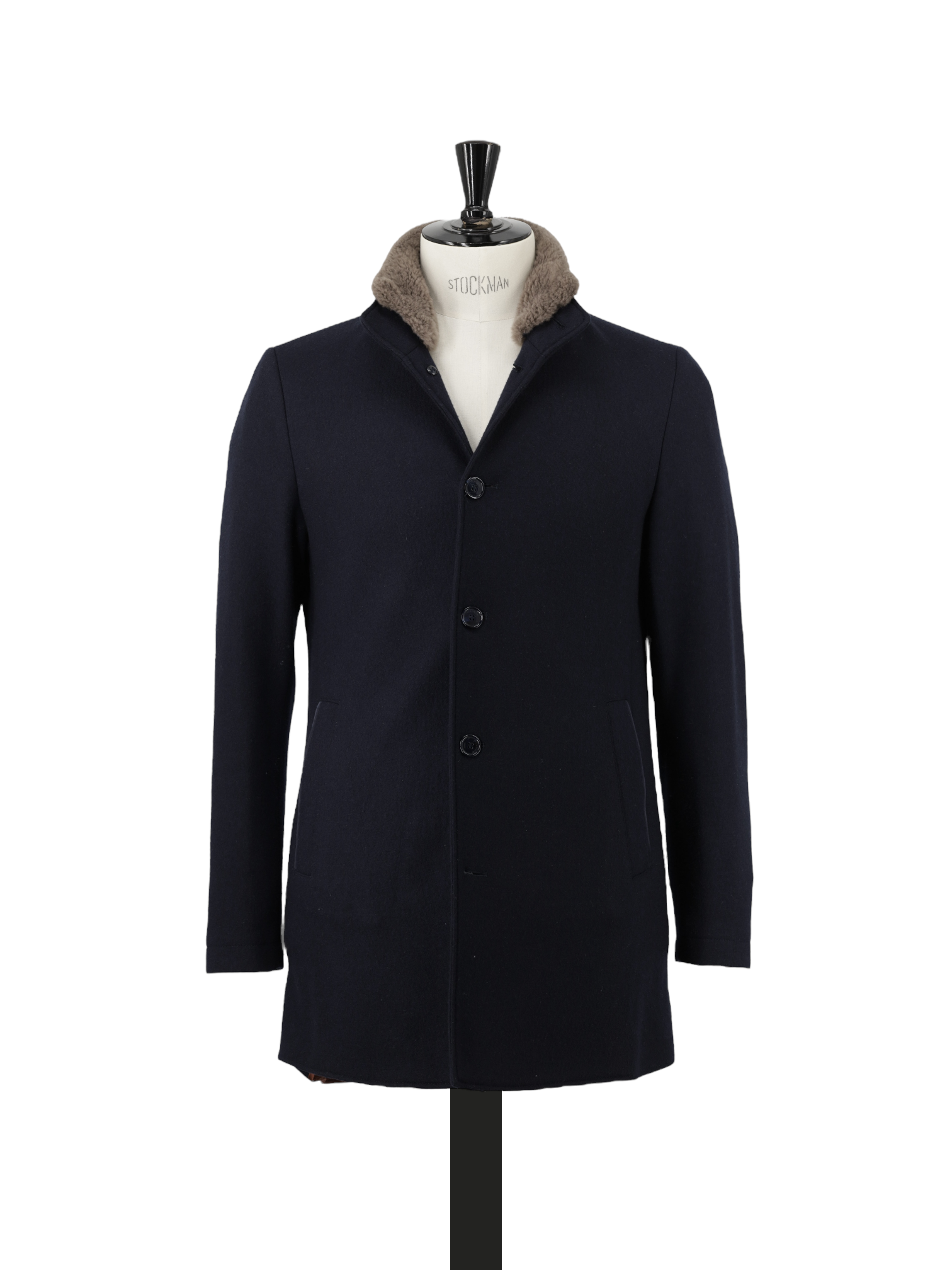 Mandelli Navy Double-Faced Stretch Cashmere & Castorino Fur Collar Overcoat
