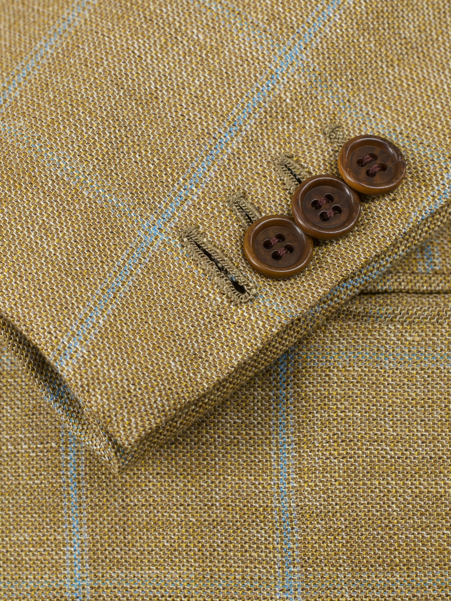 Kiton Caramel Brown & Light Blue Wool & Linen Windowpane Summer Jacket