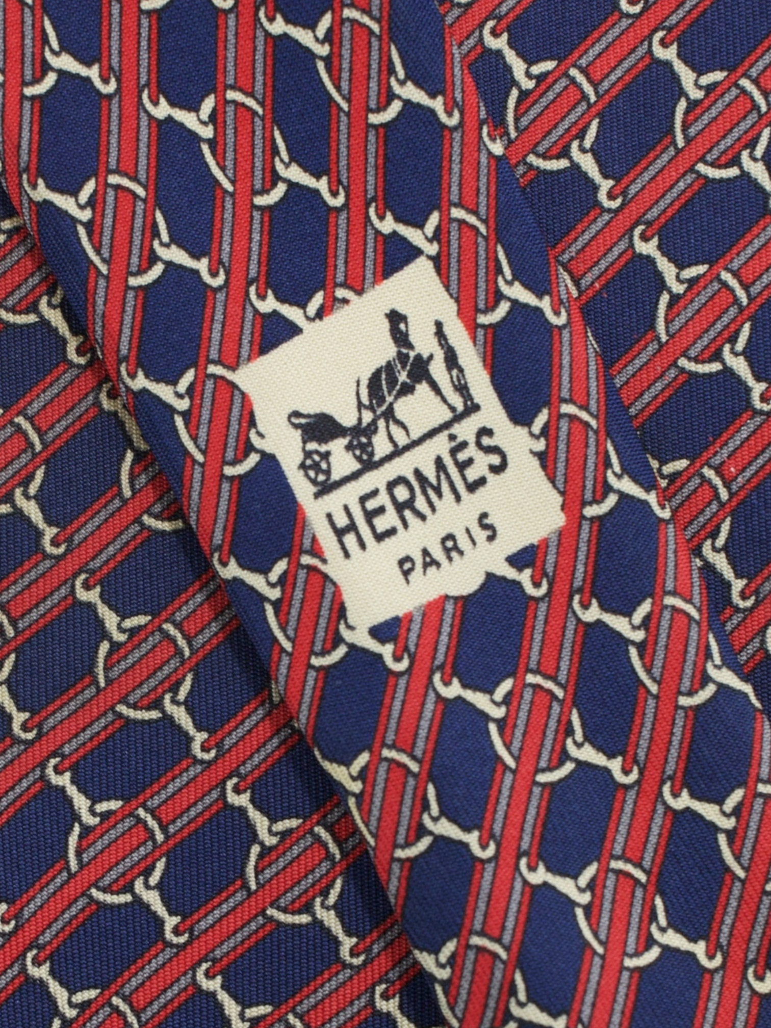Hermès Navy & Red Silk Striped Horsebit Pattern Tie