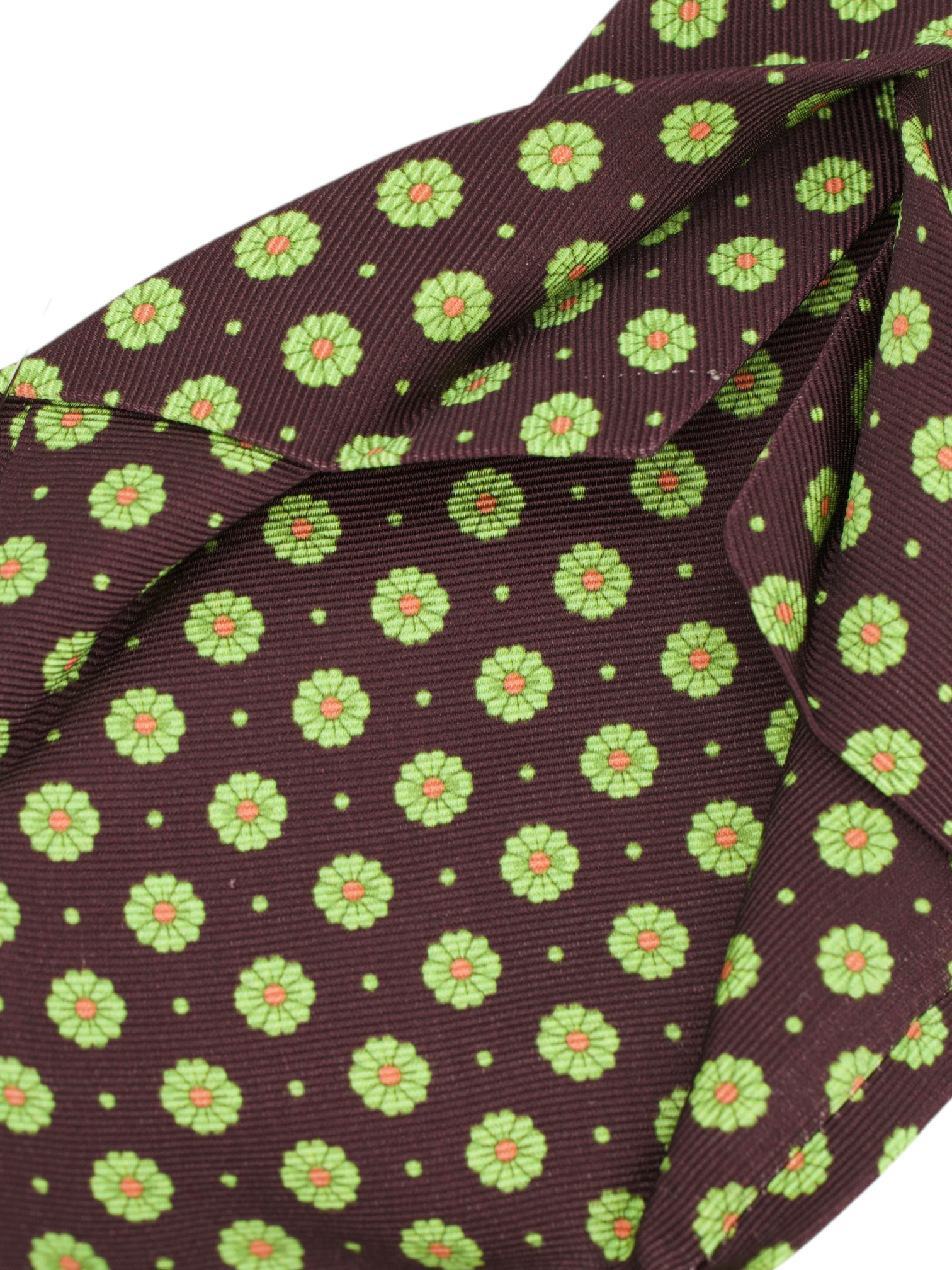 Kiton 5-Fold Burgundy & Lime Green Silk Floral Tie