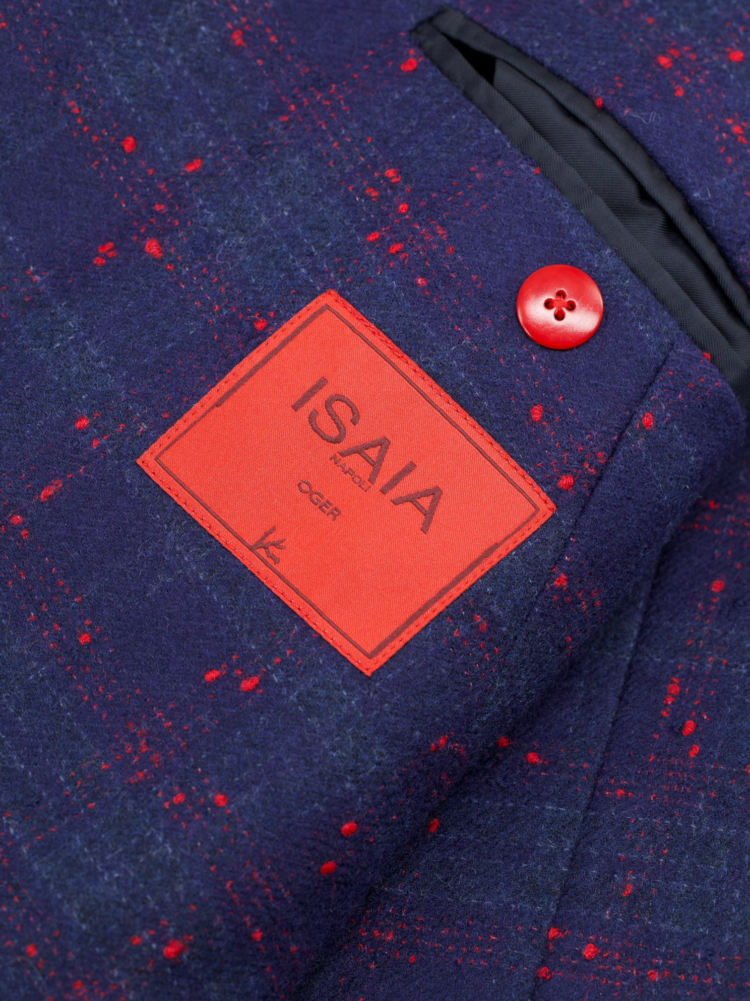 Isaia Dark Blue & Red Wool-Blend Splatter-Check Jacket