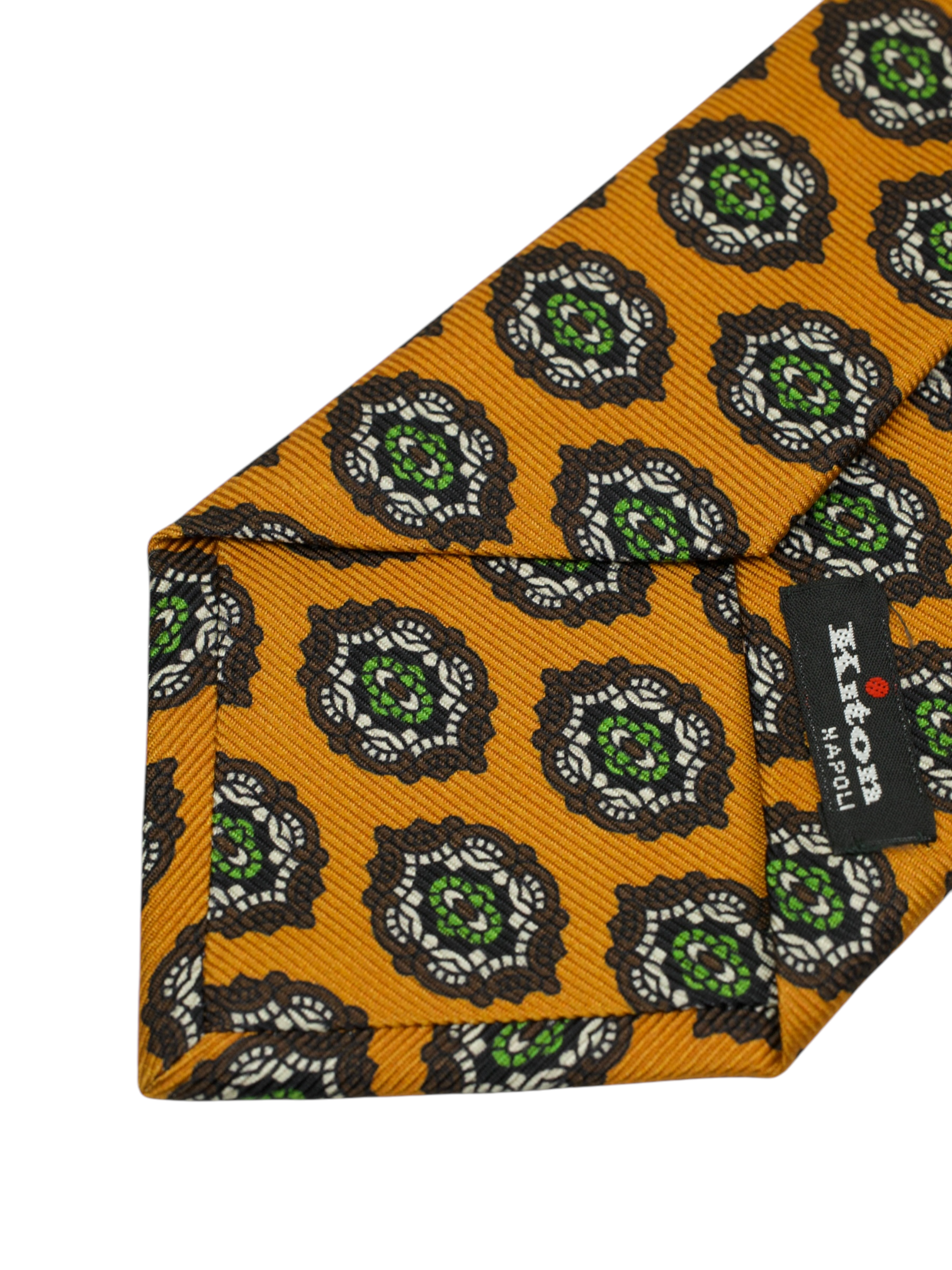Kiton 5-Fold Orange & Green Silk Medallion Pattern Tie