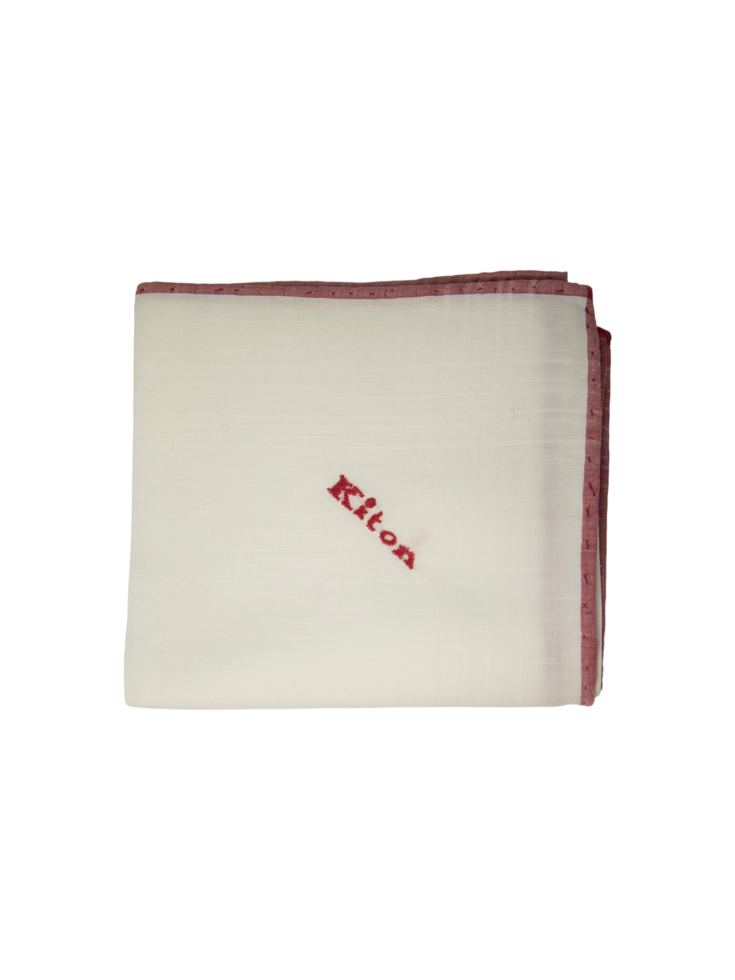Kiton White Linen Pocket Square with Red Edge