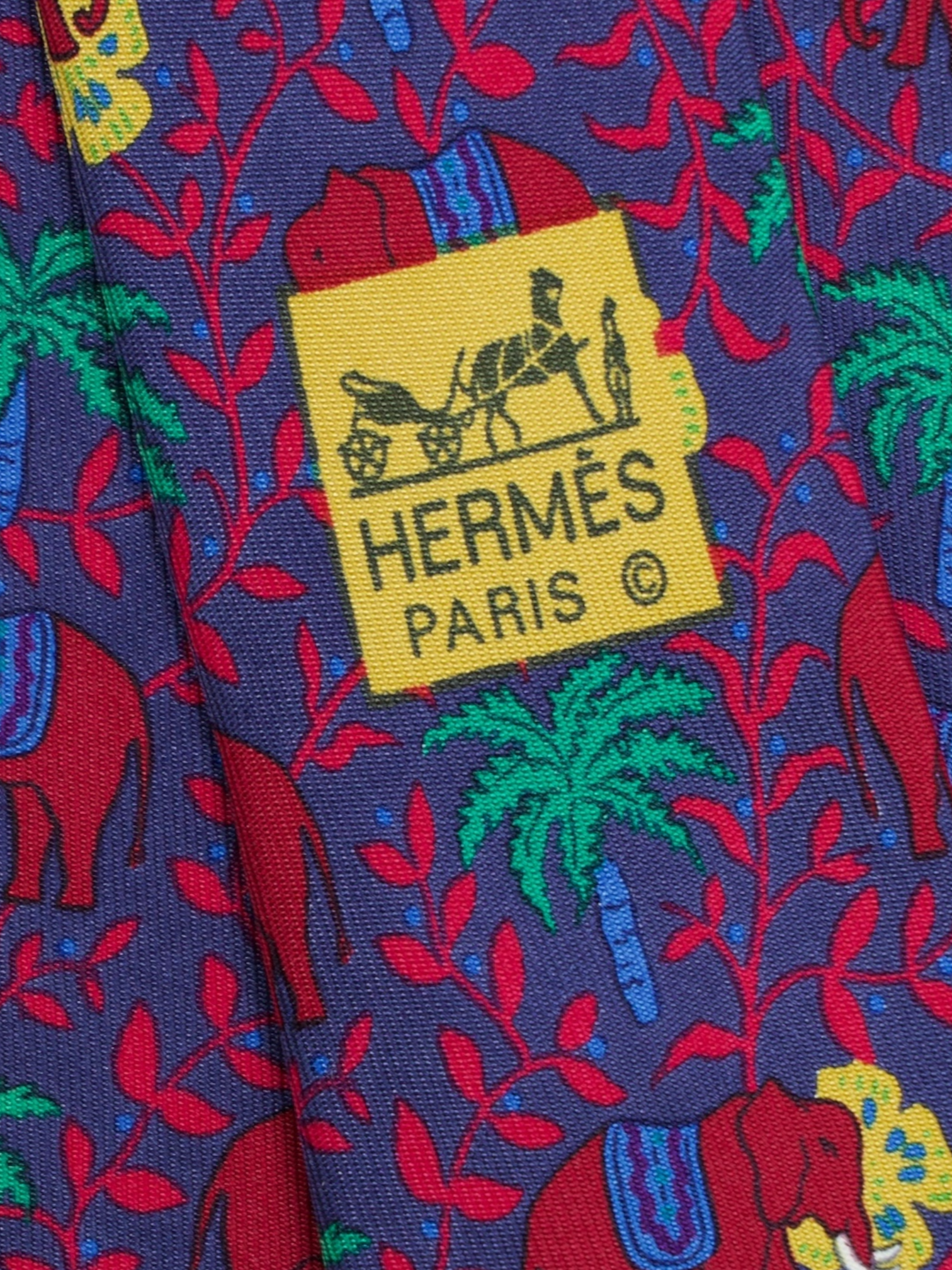 Hermès Blue Multicolor Silk Elephant Pattern Tie