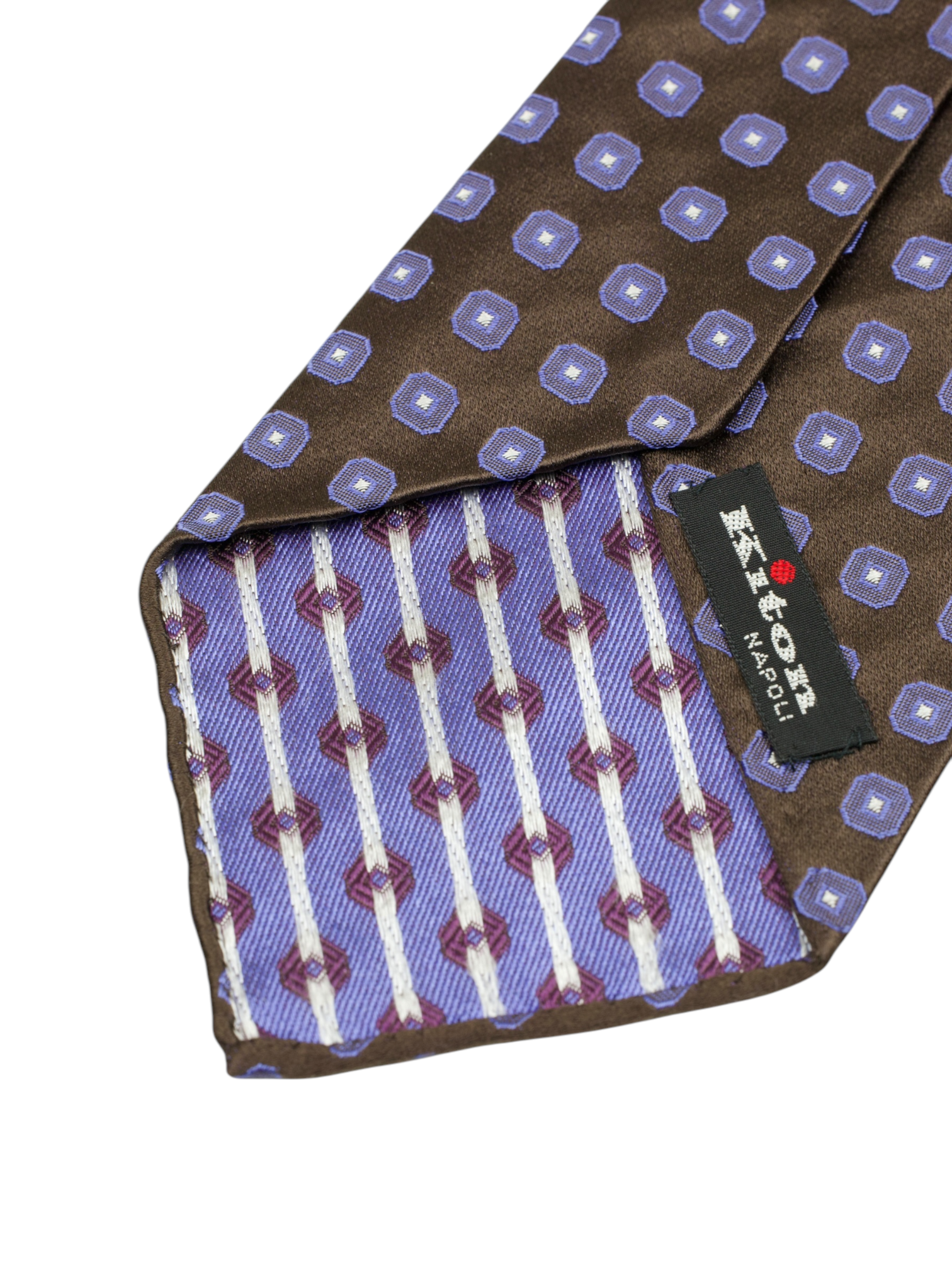 Kiton 5-Fold Chocolate Brown & Steel Blue Handrolled Silk Geometric Pattern Tie