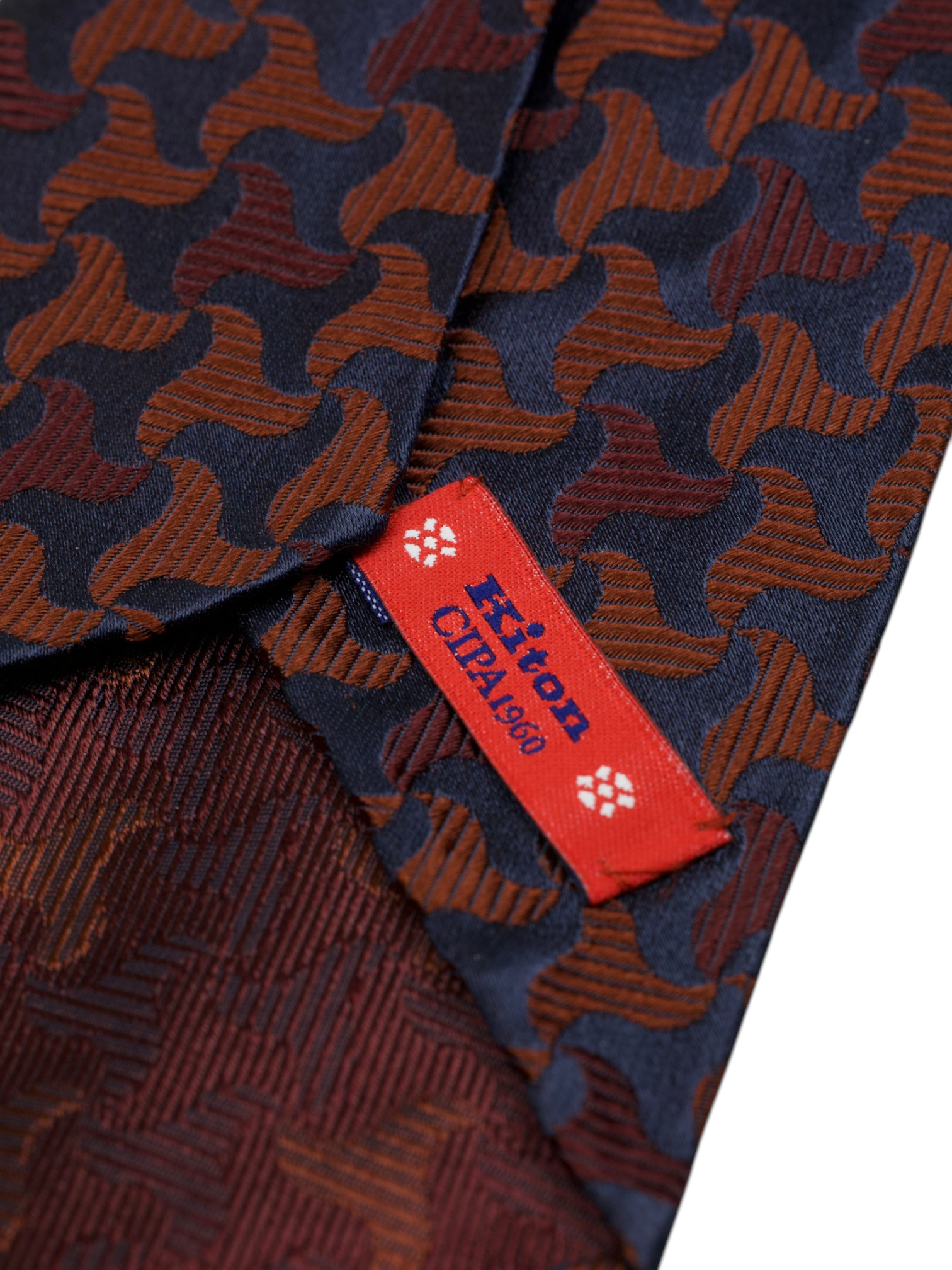 Kiton 5-Fold Dark Red & Navy Handrolled Silk Geometric Pattern "Cipa 1960" Tie