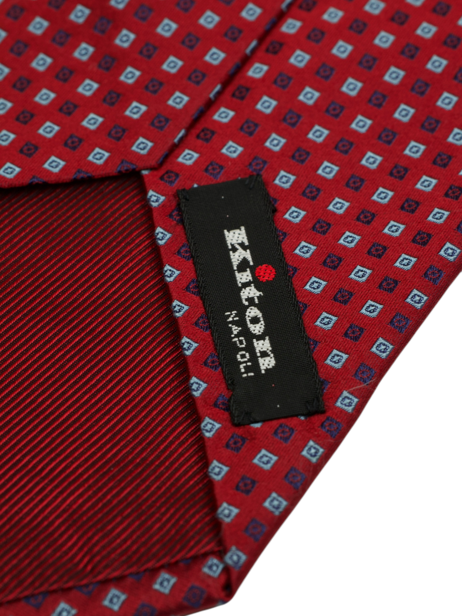 Kiton 5-Fold Cherry Red Silk Geometric Pattern Tie