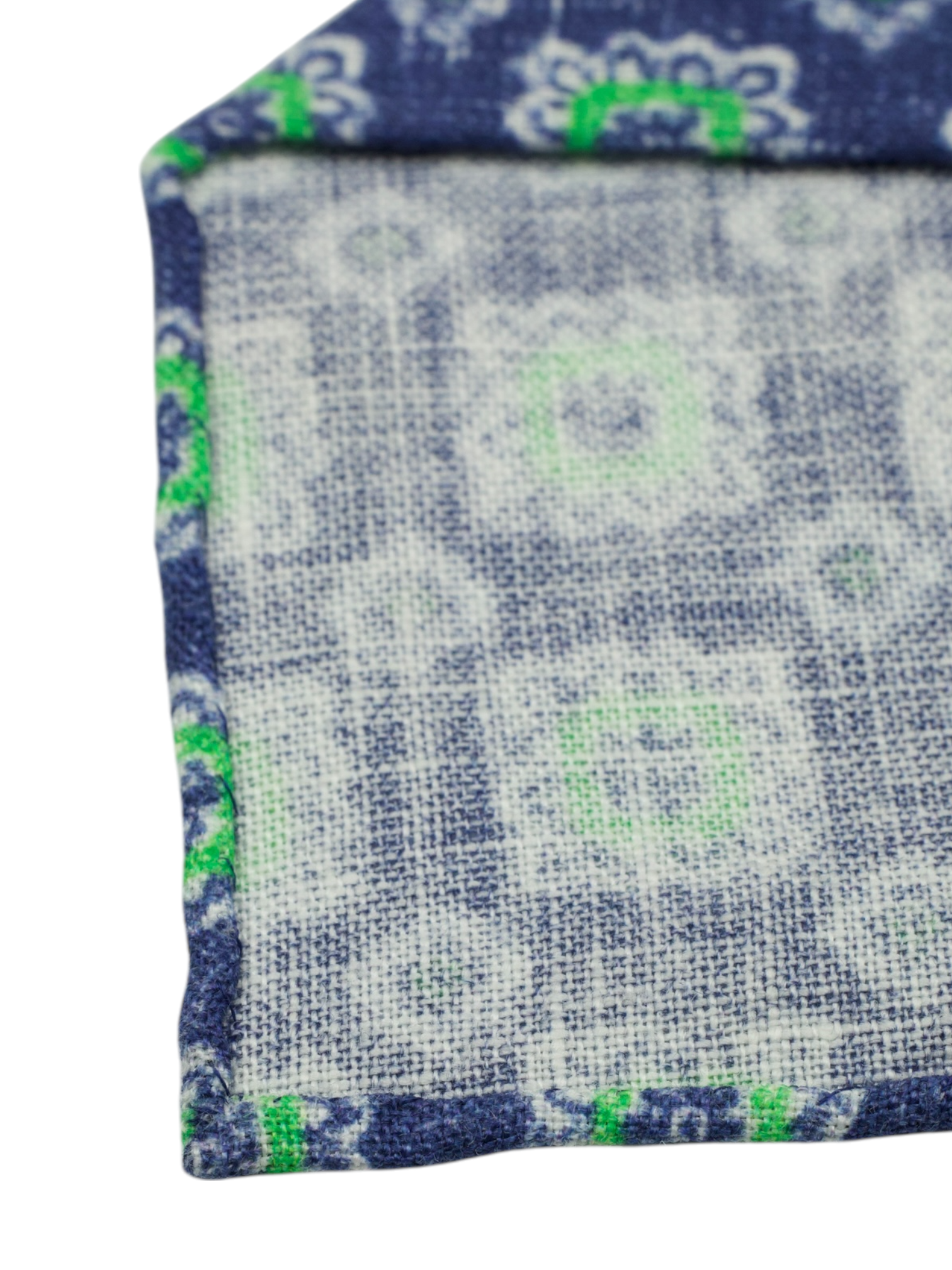 Kiton 5-Fold Denim Blue & Green Handrolled Linen Medallion Pattern Tie