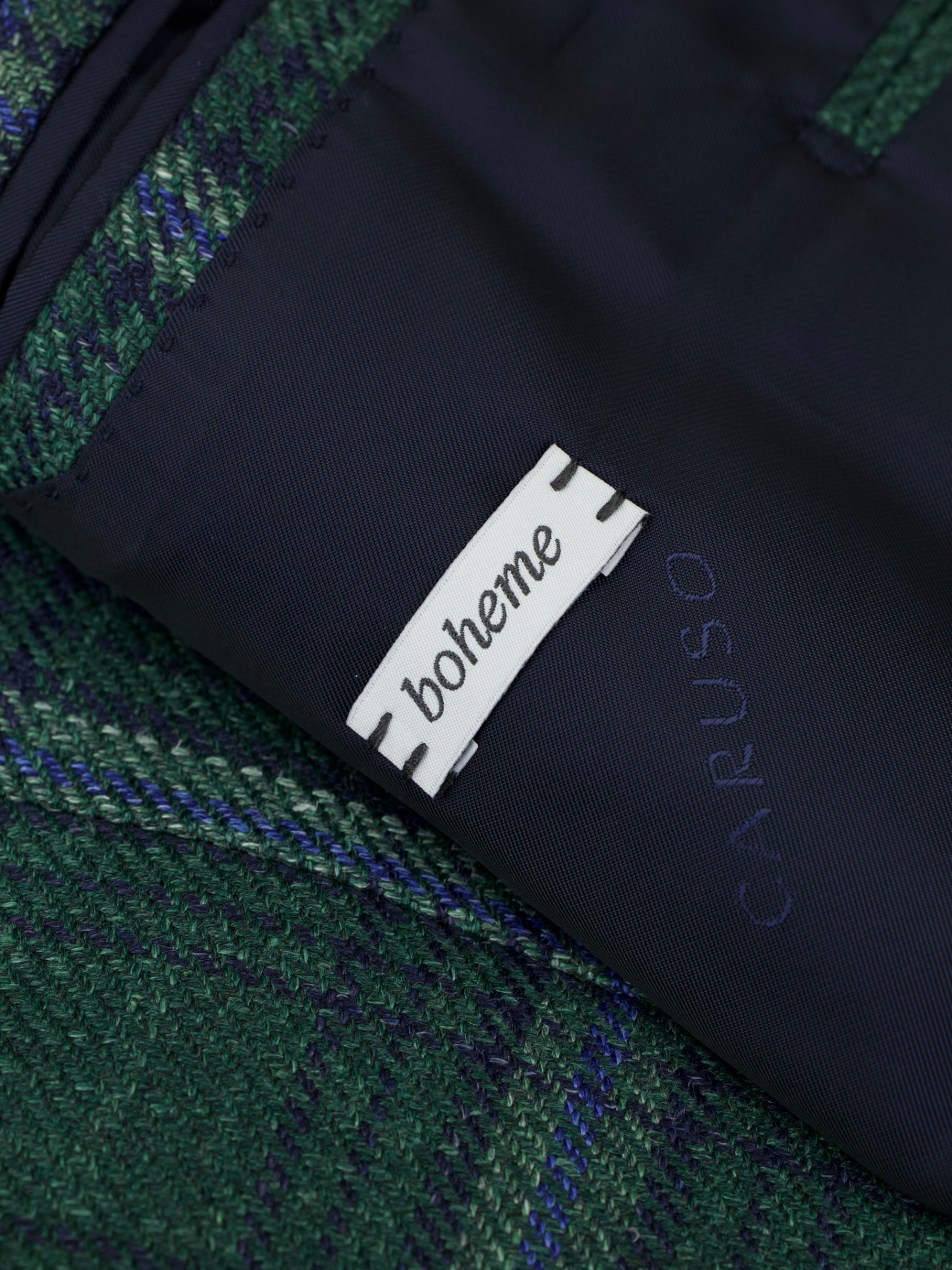 Caruso Bottle Green & Blue Wool, Silk & Linen Windowpane Boheme Jacket