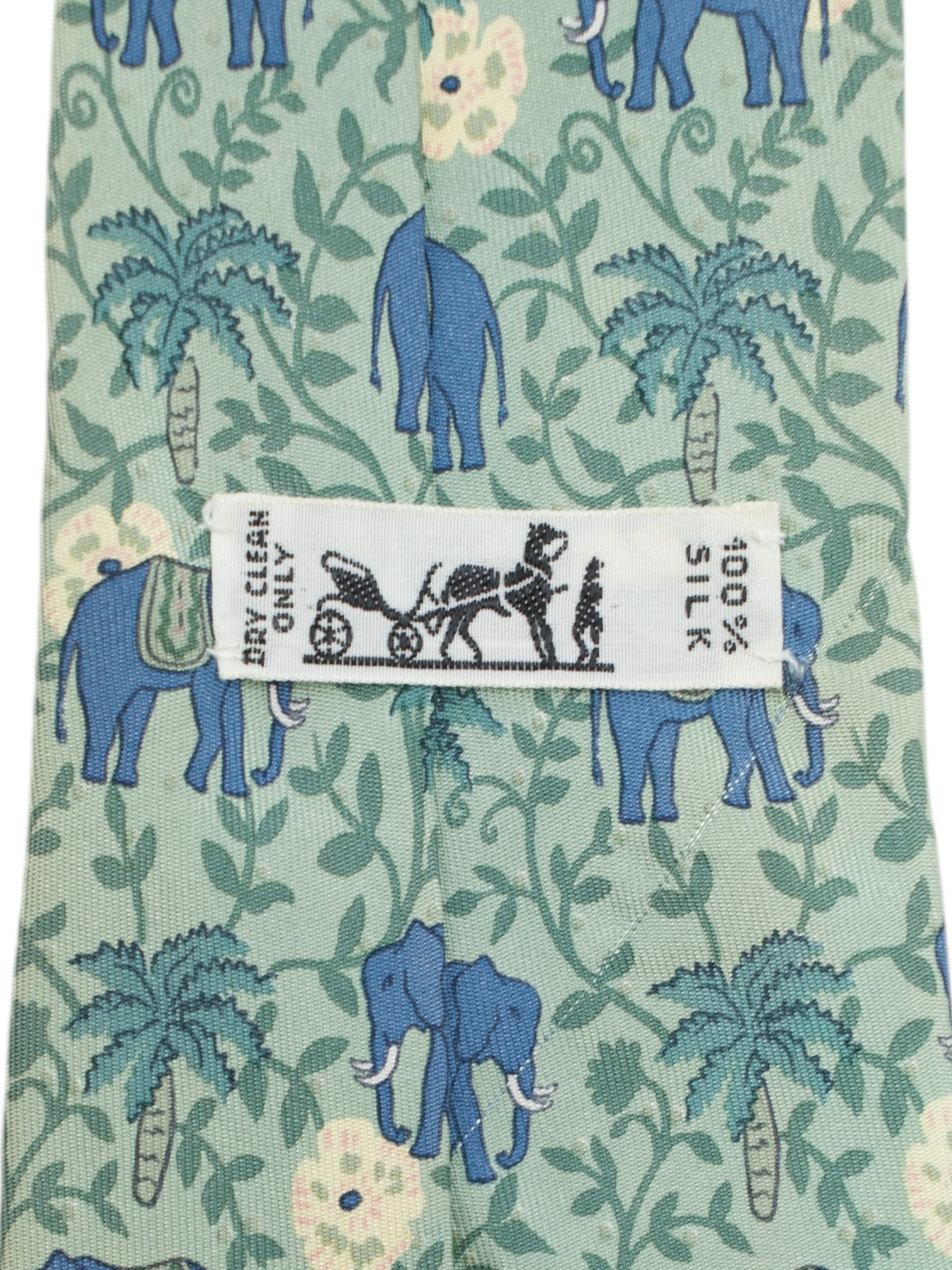 Hermès Sage Green Silk Elephant Pattern Tie