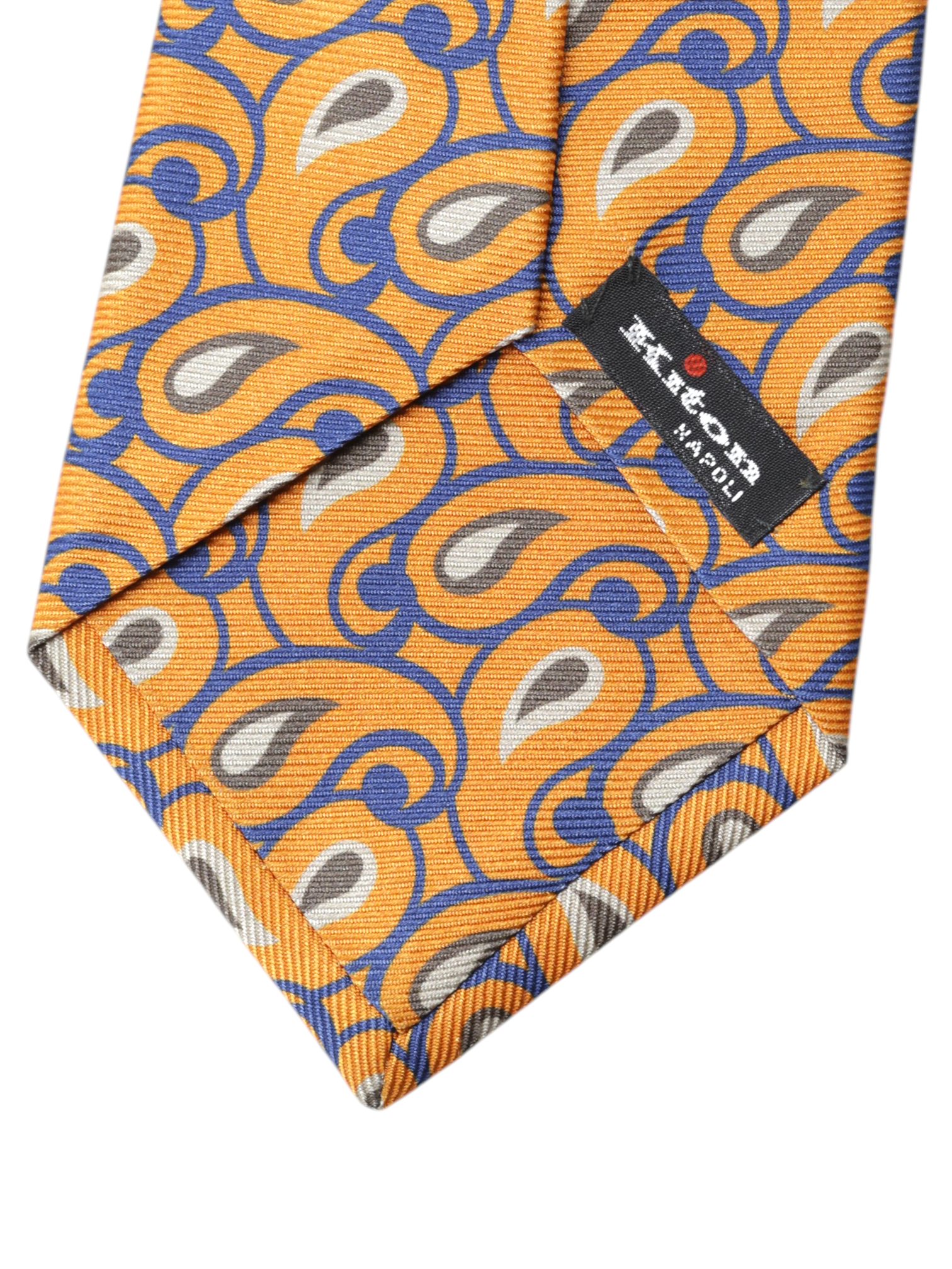 Kiton 5-Fold Orange & Royal Blue Silk Paisley Self-Tipped Tie