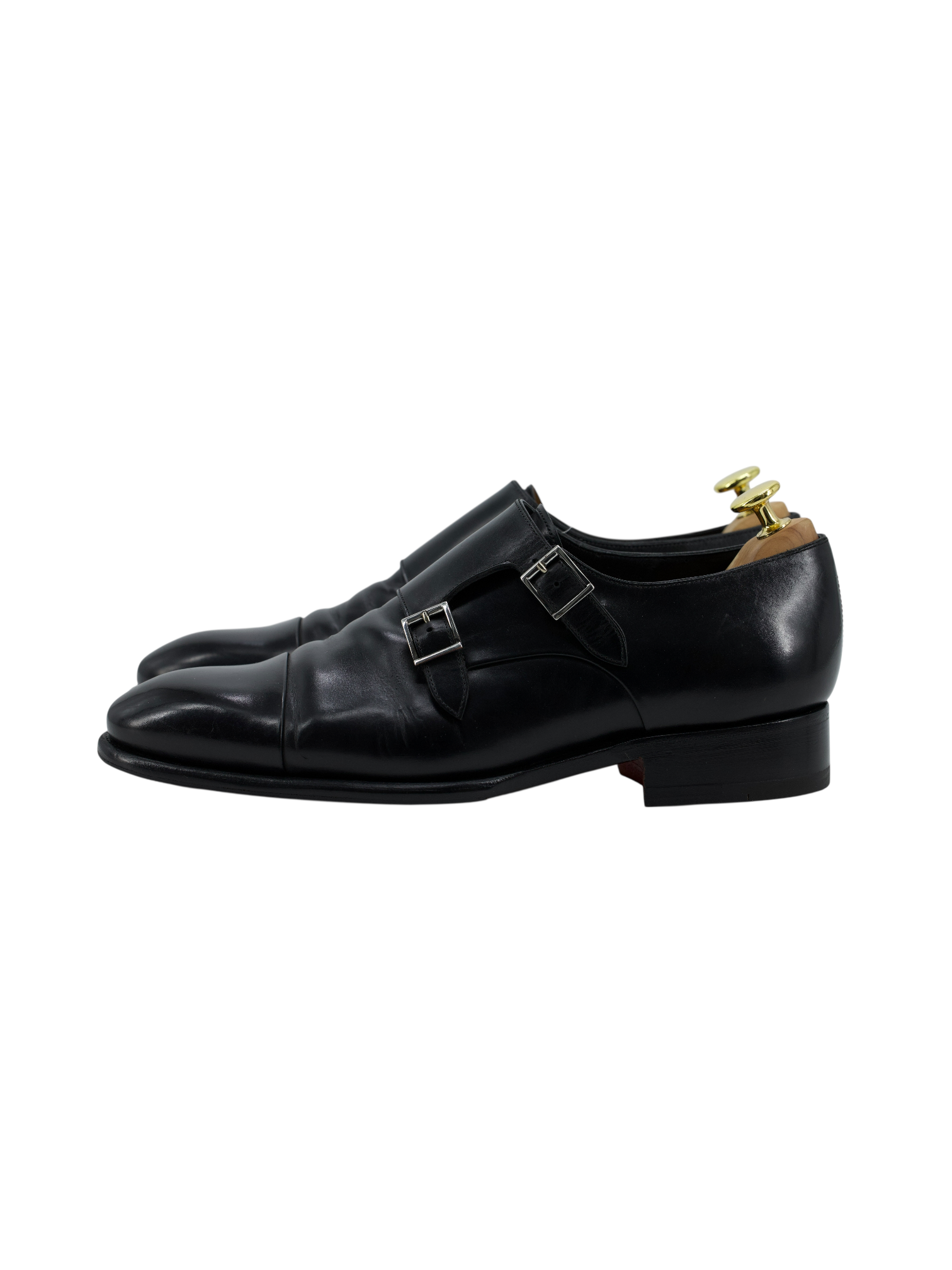 Santoni Black Calfleather Goodyear-Welted Carlos Double Monk-Straps