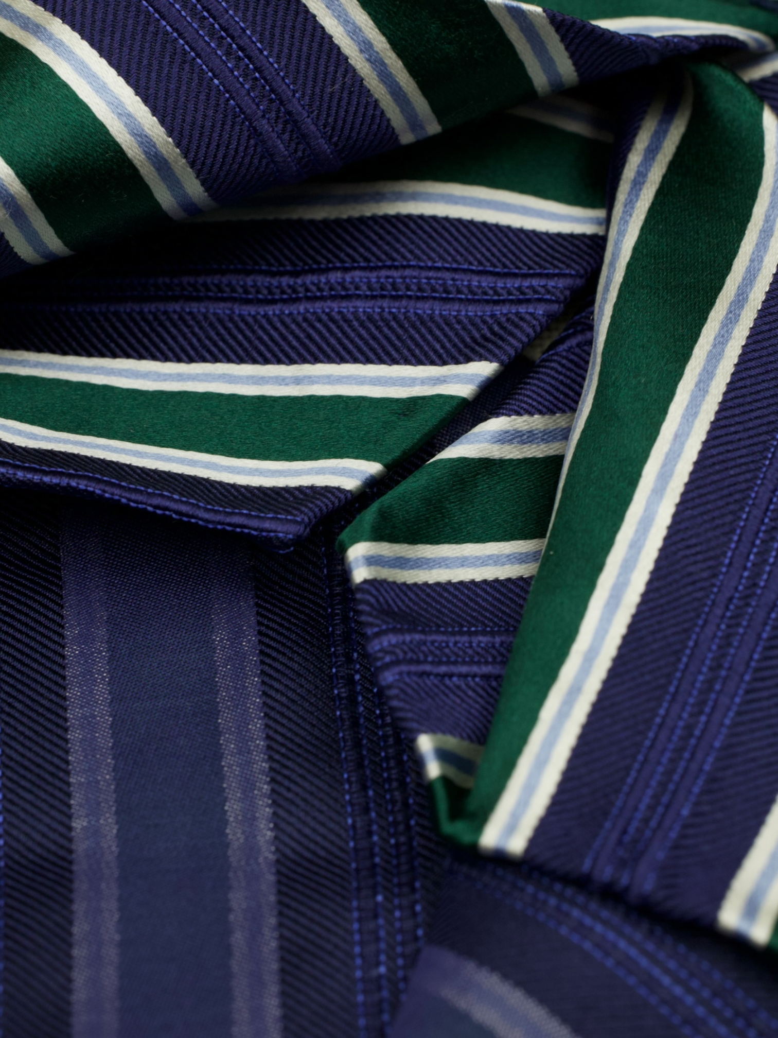 Kiton 5-Fold Blue & Green Handrolled Silk Jacquard Striped Tie