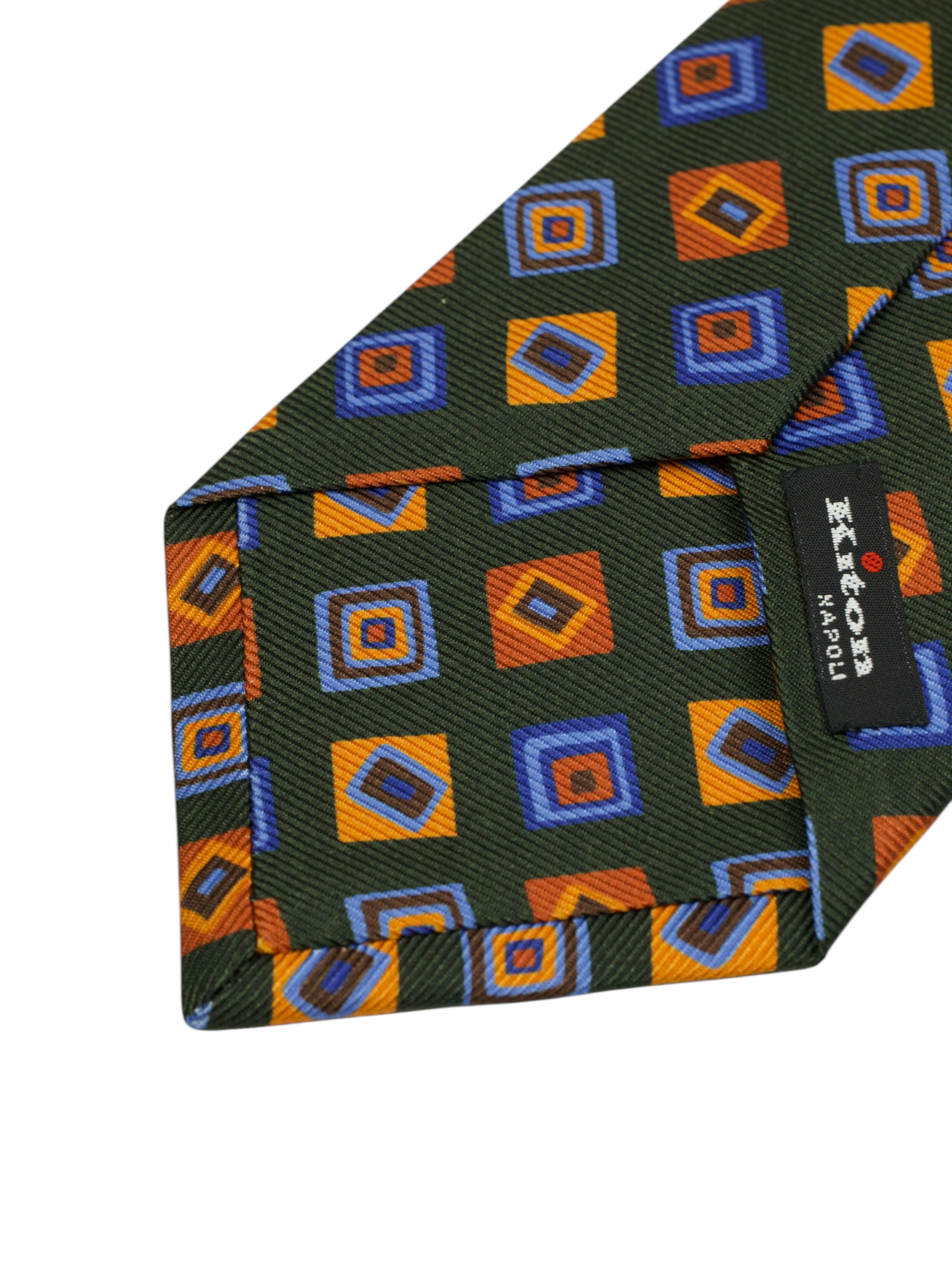 Kiton 5-Fold Forest Green & Orange Silk Vintage Geometric Pattern Tie