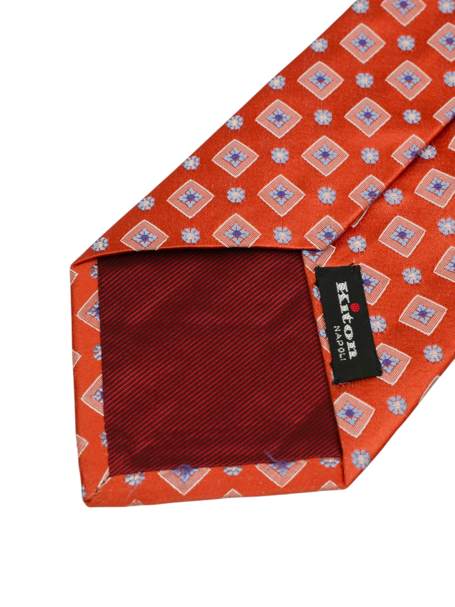 Kiton 5-Fold Coral Red & Light Blue Silk Geometric Pattern Tie