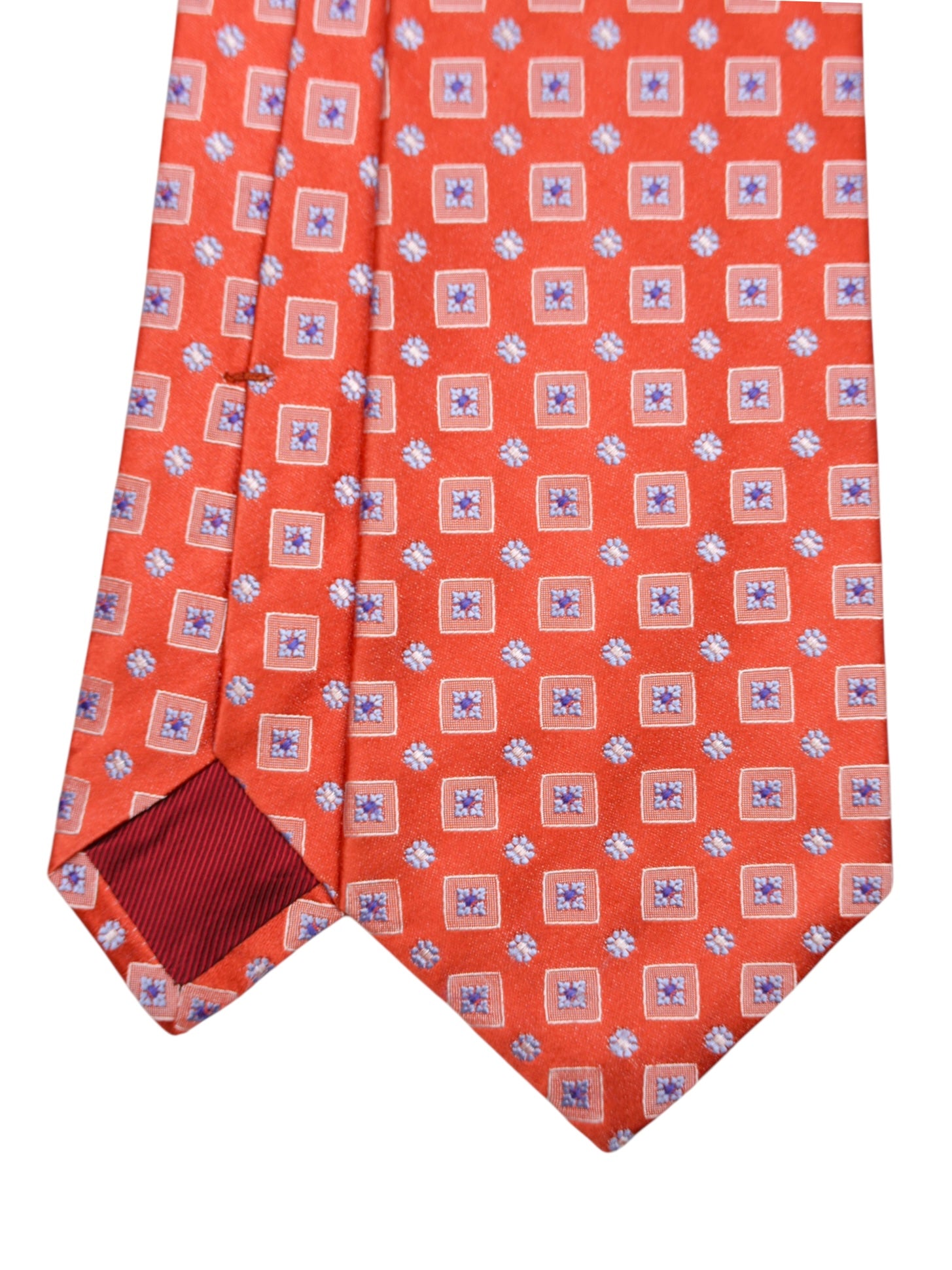 Kiton 5-Fold Coral Red & Light Blue Silk Geometric Pattern Tie