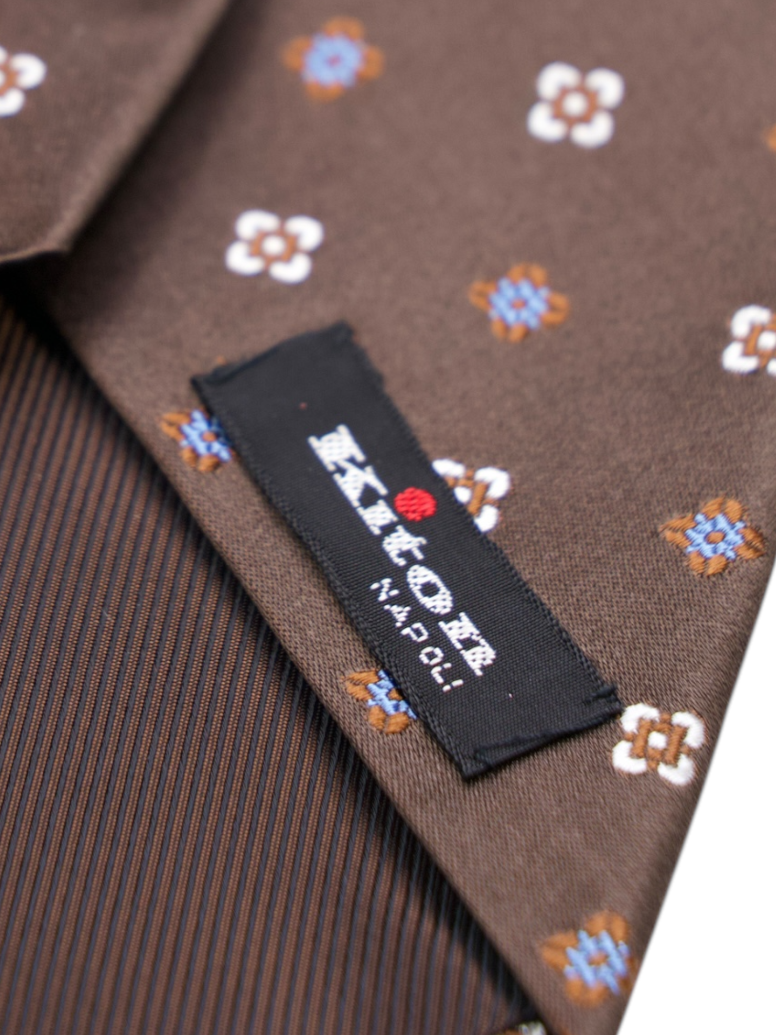 Kiton 5-Fold Chocolate Brown & Light Blue Silk Geometric Pattern Tie