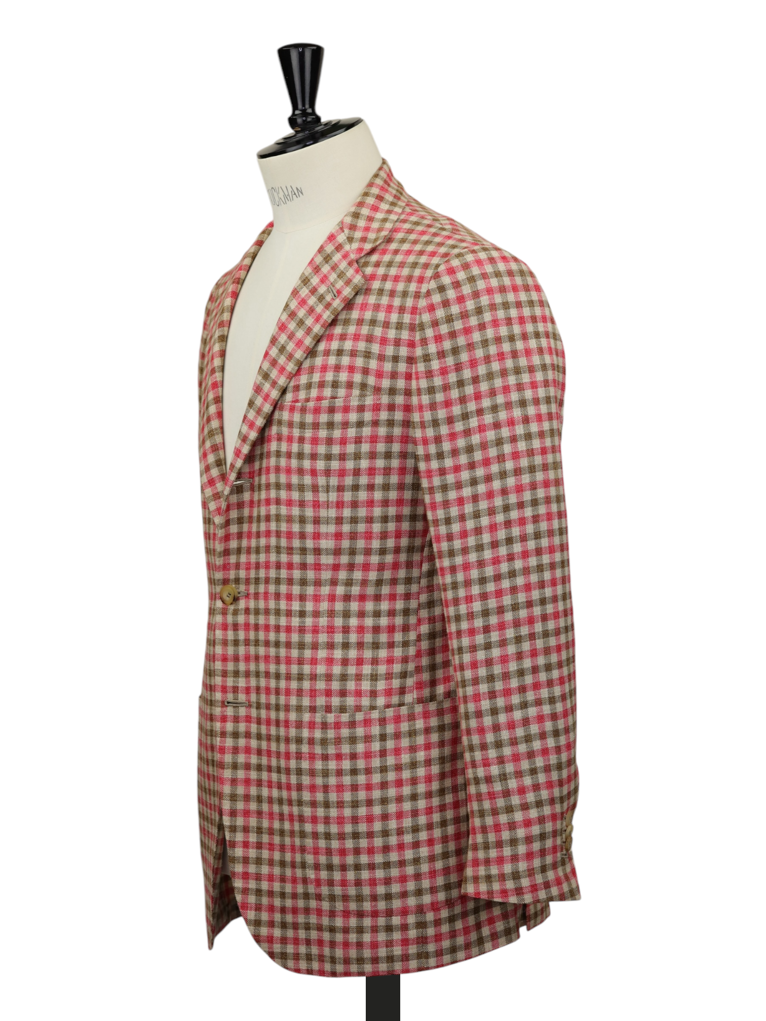 Kiton Light Brown & Coral Red Cashmere, Cotton, Silk, Virgin Wool & Stretch Gingham-Check Jacket