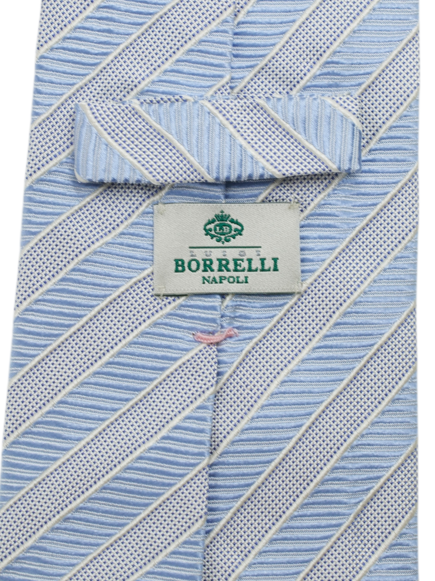 Luigi Borrelli 5-Fold Light Grey & Blue Silk Jacquard Striped Tie