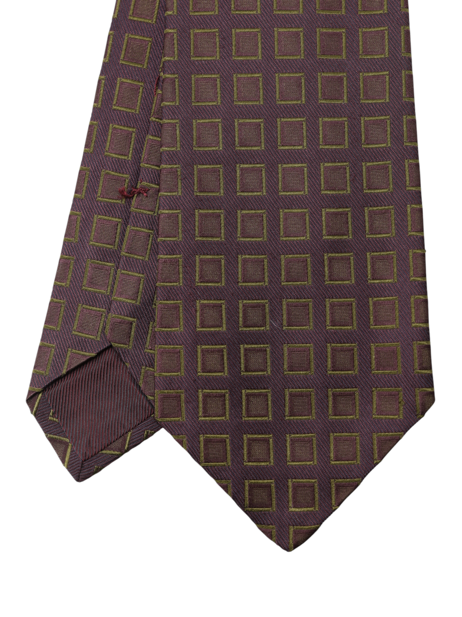 Kiton 5-Fold Burgundy & Bronze Silk Square-Pattern Tie
