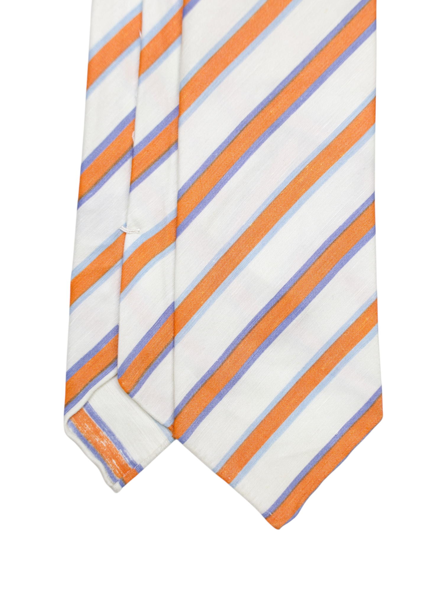 Kiton 5-Fold White & Orange Shantung Silk & Linen Striped Tie