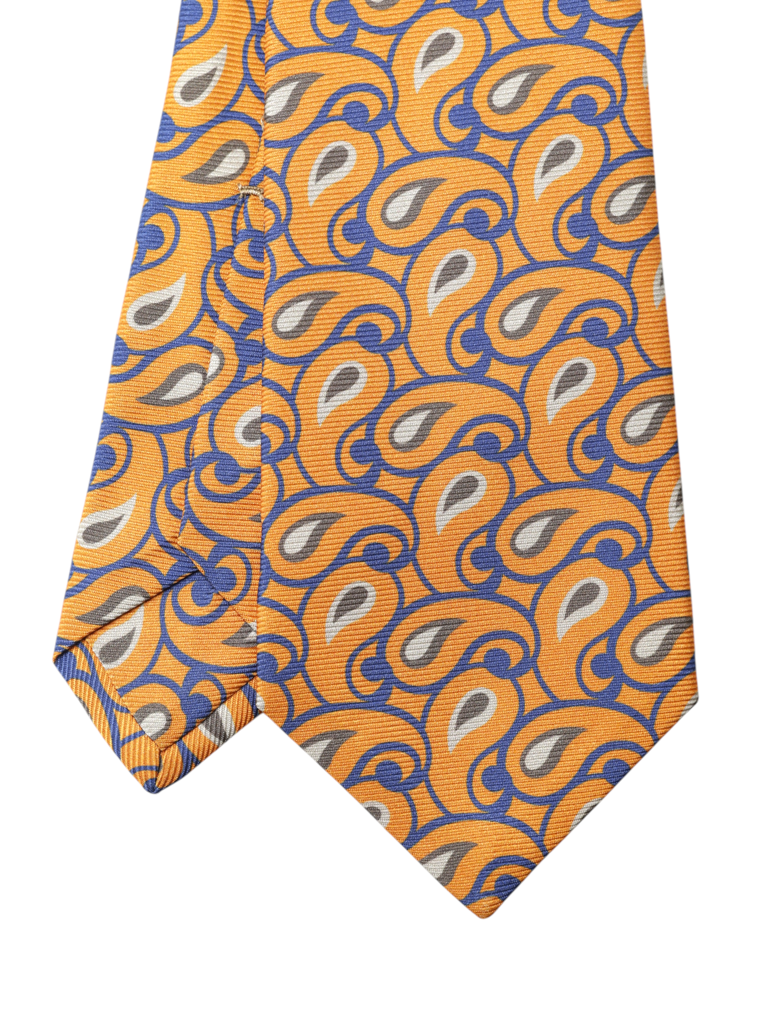 Kiton 5-Fold Orange & Royal Blue Silk Paisley Self-Tipped Tie