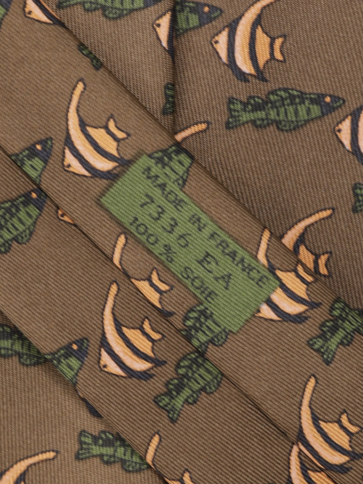 Hermès Bronze & Orange Silk Fish-Pattern Tie