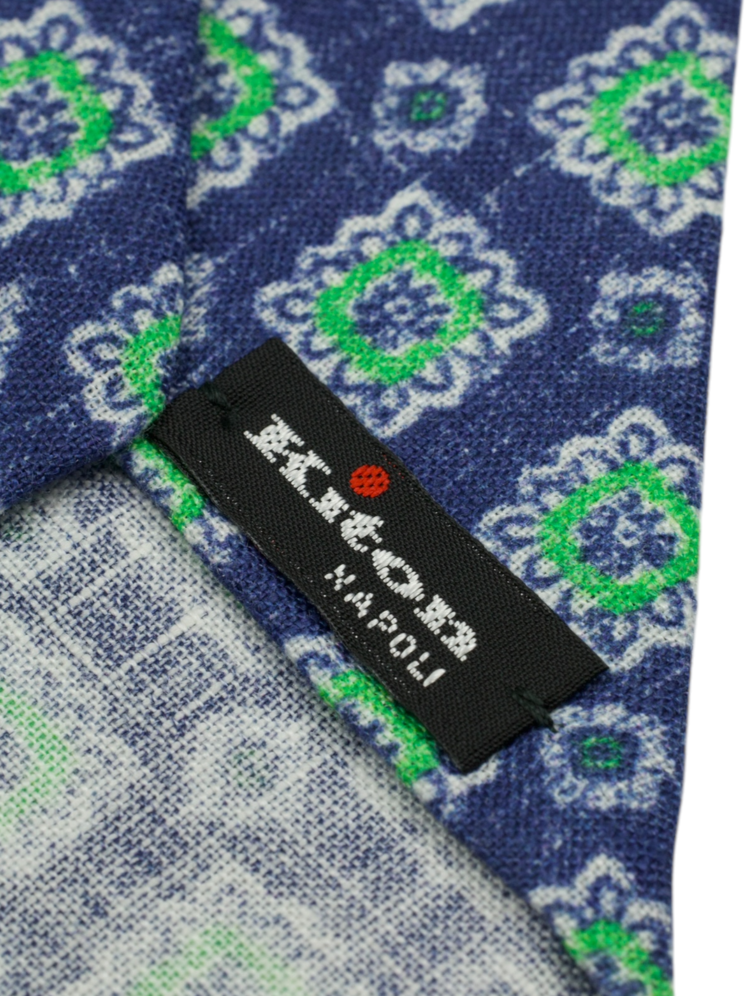 Kiton 5-Fold Denim Blue & Green Handrolled Linen Medallion Pattern Tie