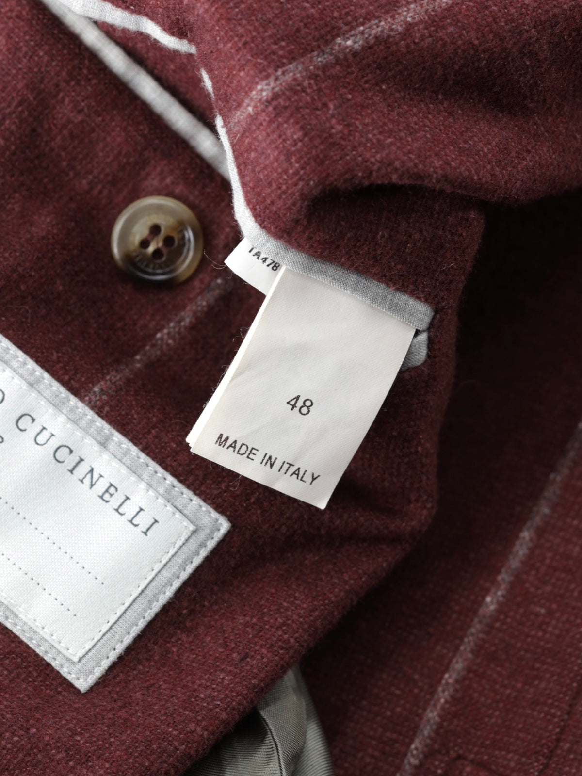 Brunello Cucinelli Dark Red Silk, Wool & Cashmere Double Breasted Chalkstripe Jacket