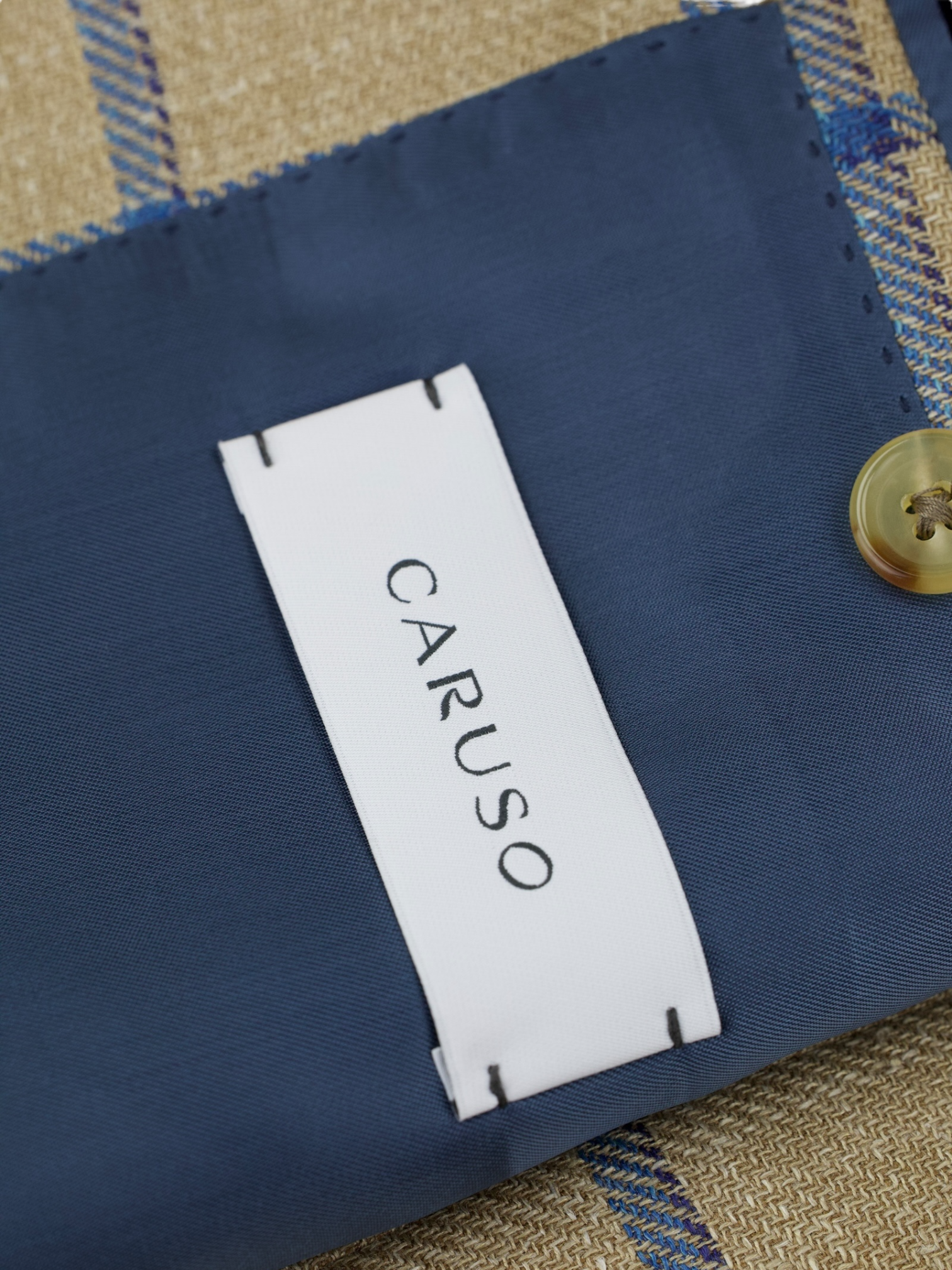 Caruso Beige & Blue Wool, Silk & Linen Windowpane Boheme Jacket