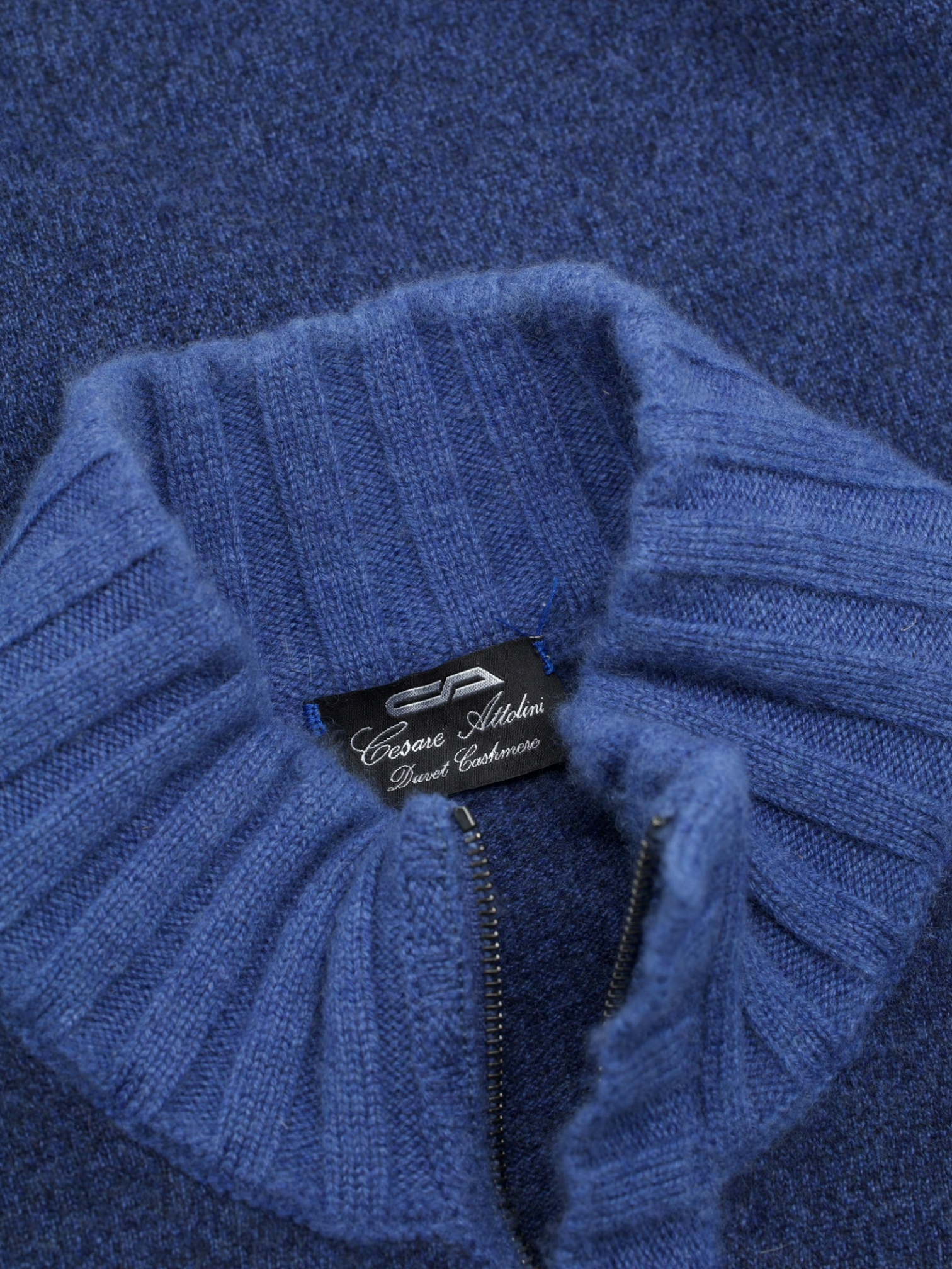 Cesare Attolini Blue Duvet-Cashmere Micro-Pattern Half-Zip Sweater