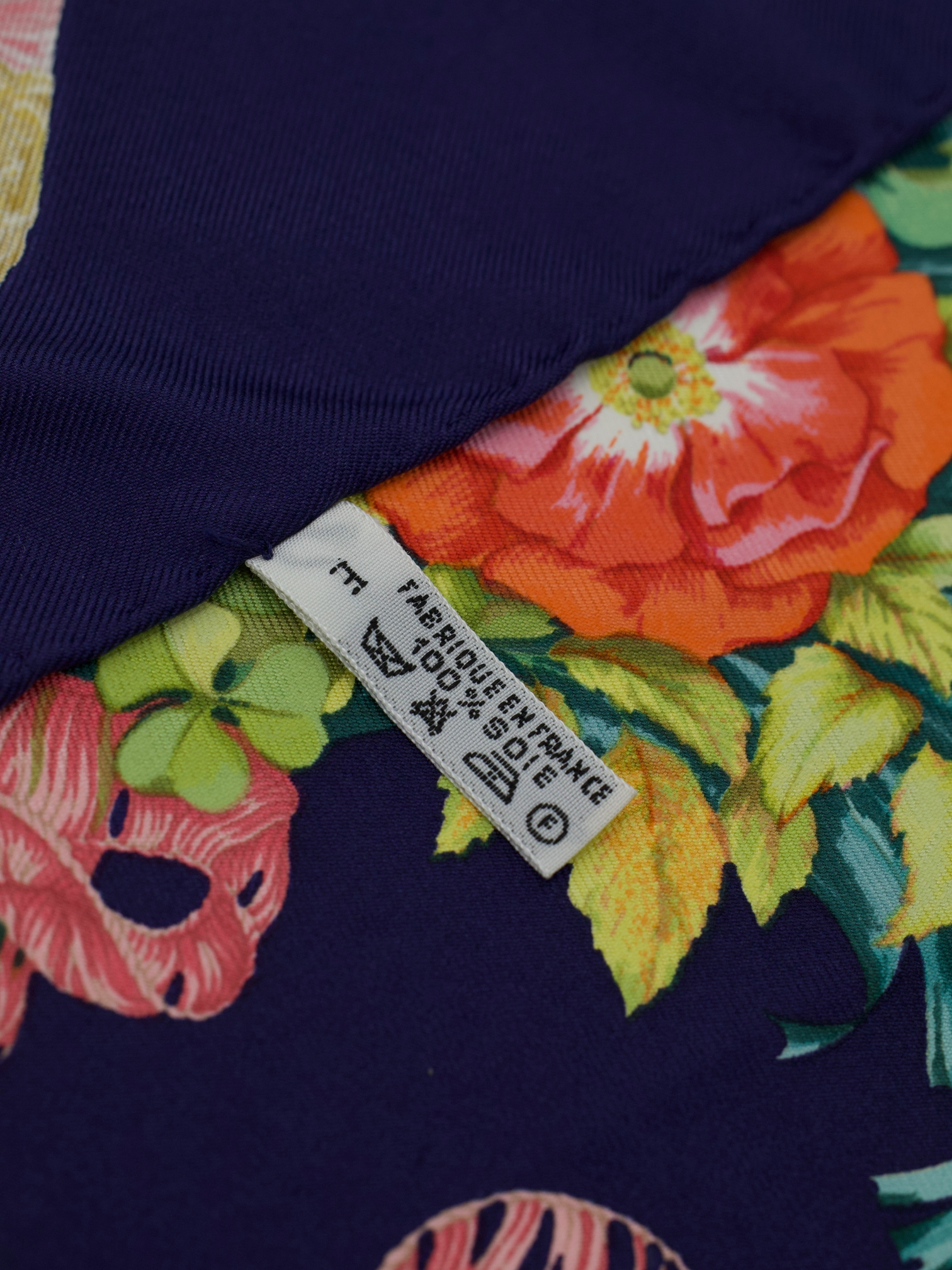 Hermès Navy Multicolor Silk Floral Ribbon “Regina” Pocket Square